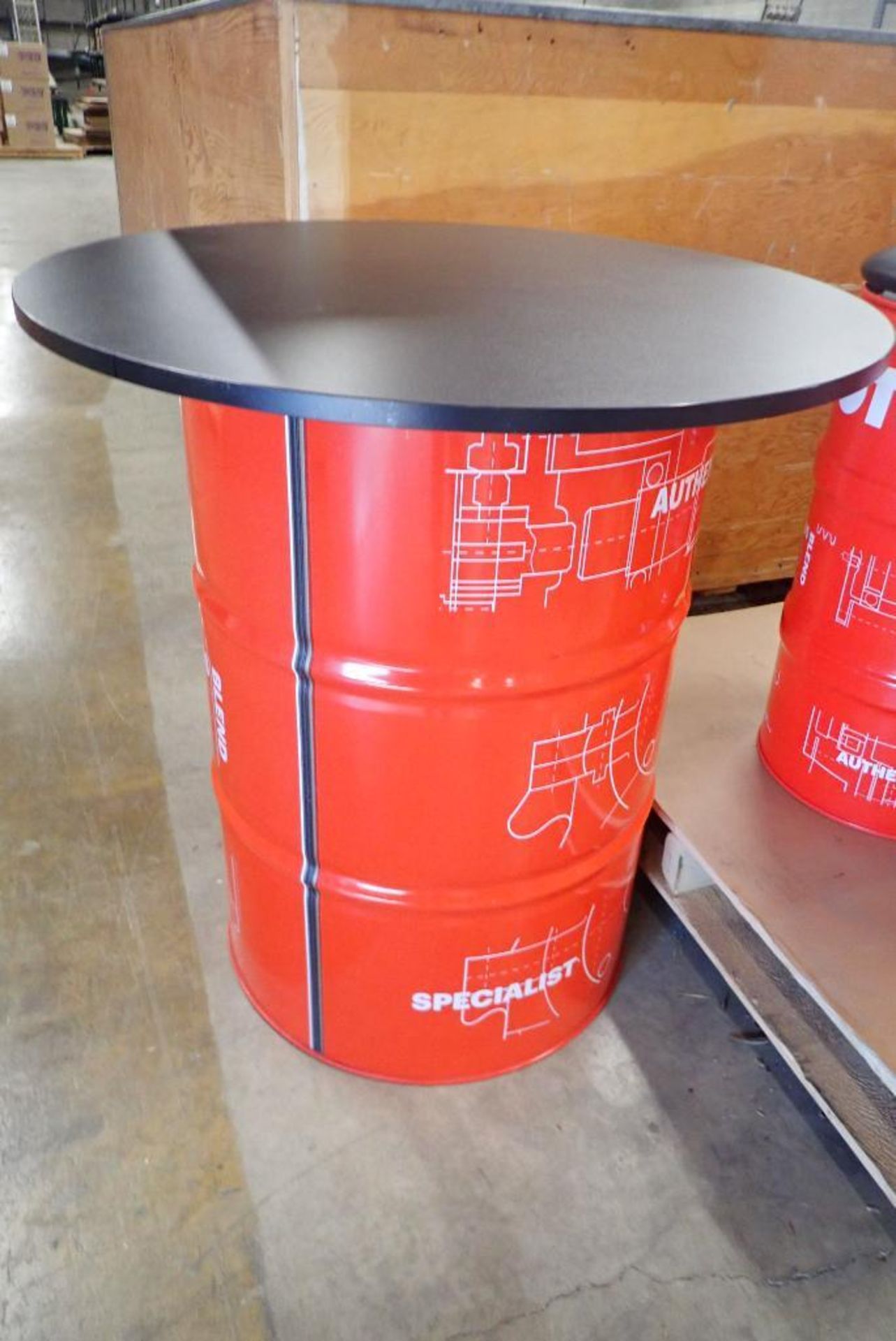 Lot of Motul Barrel Table and (2) Barrel Stools. - Image 2 of 3