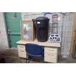 Lot of Desk, Folding Table, Side Chair, Framed Print, (2) Garbage Cans and Collapsible Dolly.