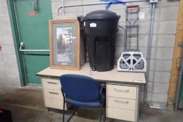 Lot of Desk, Folding Table, Side Chair, Framed Print, (2) Garbage Cans and Collapsible Dolly.