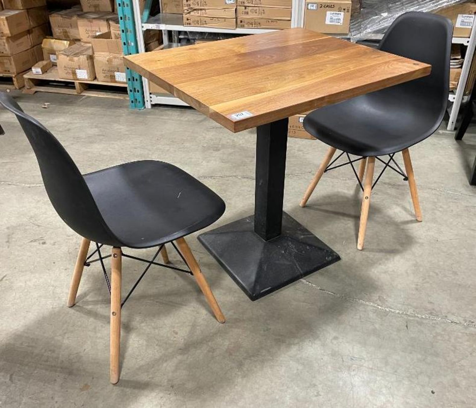 30" X 24" WOOD TOP SINGLE PEDESTAL TABLE WITH (2) BLACK PLASTIC BACK CHAIRS