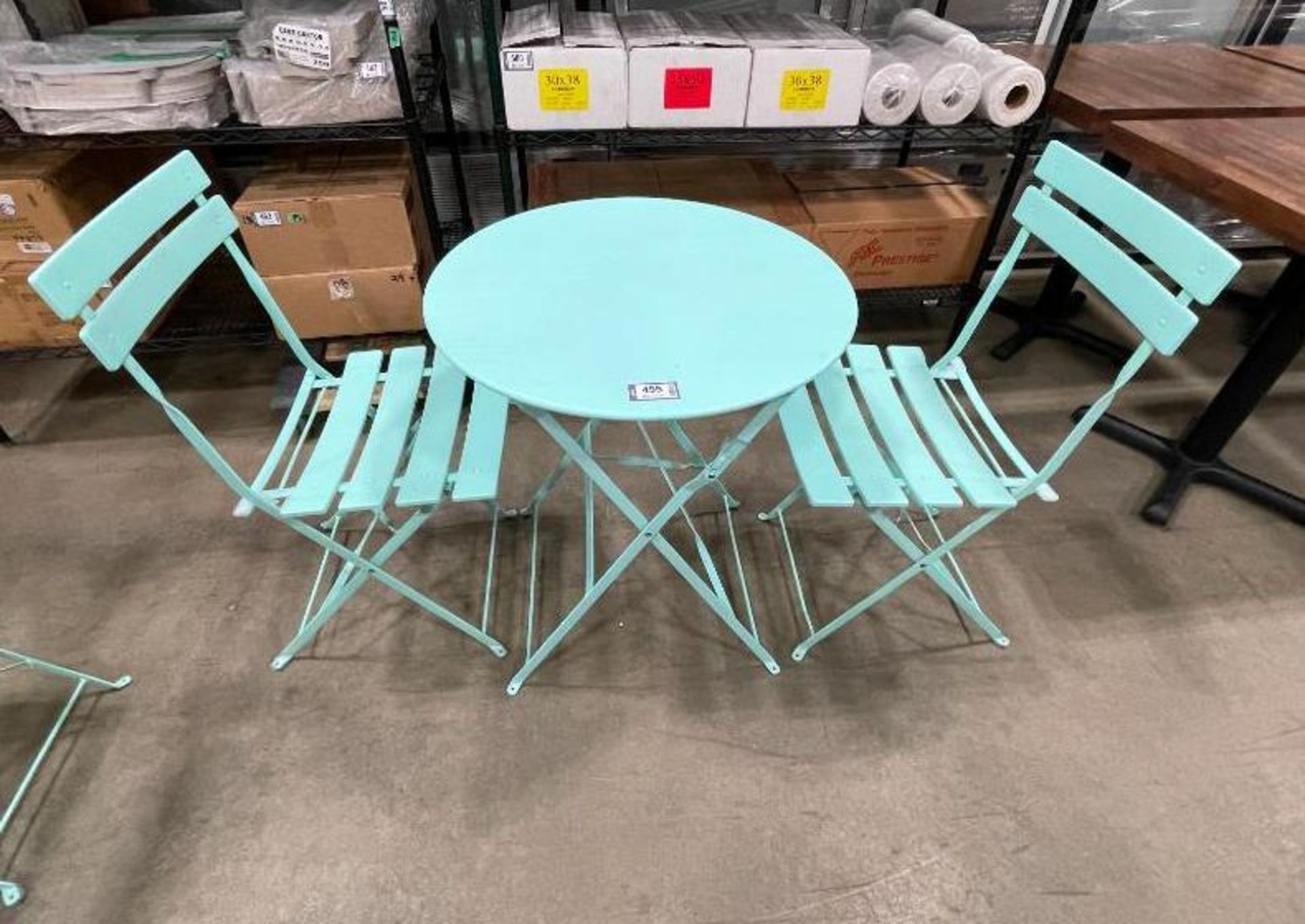 TEAL METAL FOLDING BISTRO TABLE WITH (2) CHAIRS - Image 6 of 6