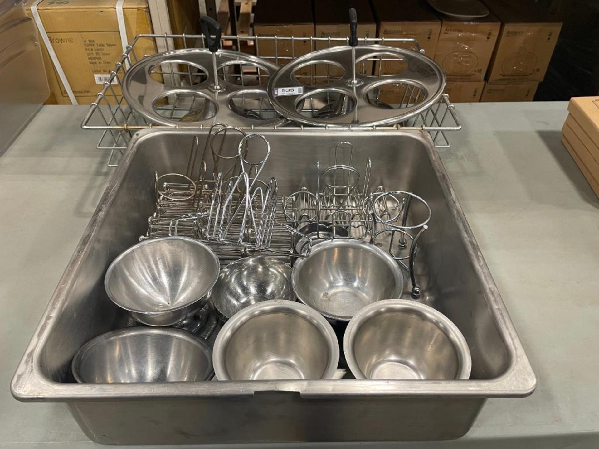 LOT OF TABLE CADDIES & STAINLESS STEEL SAUCE BOWLS