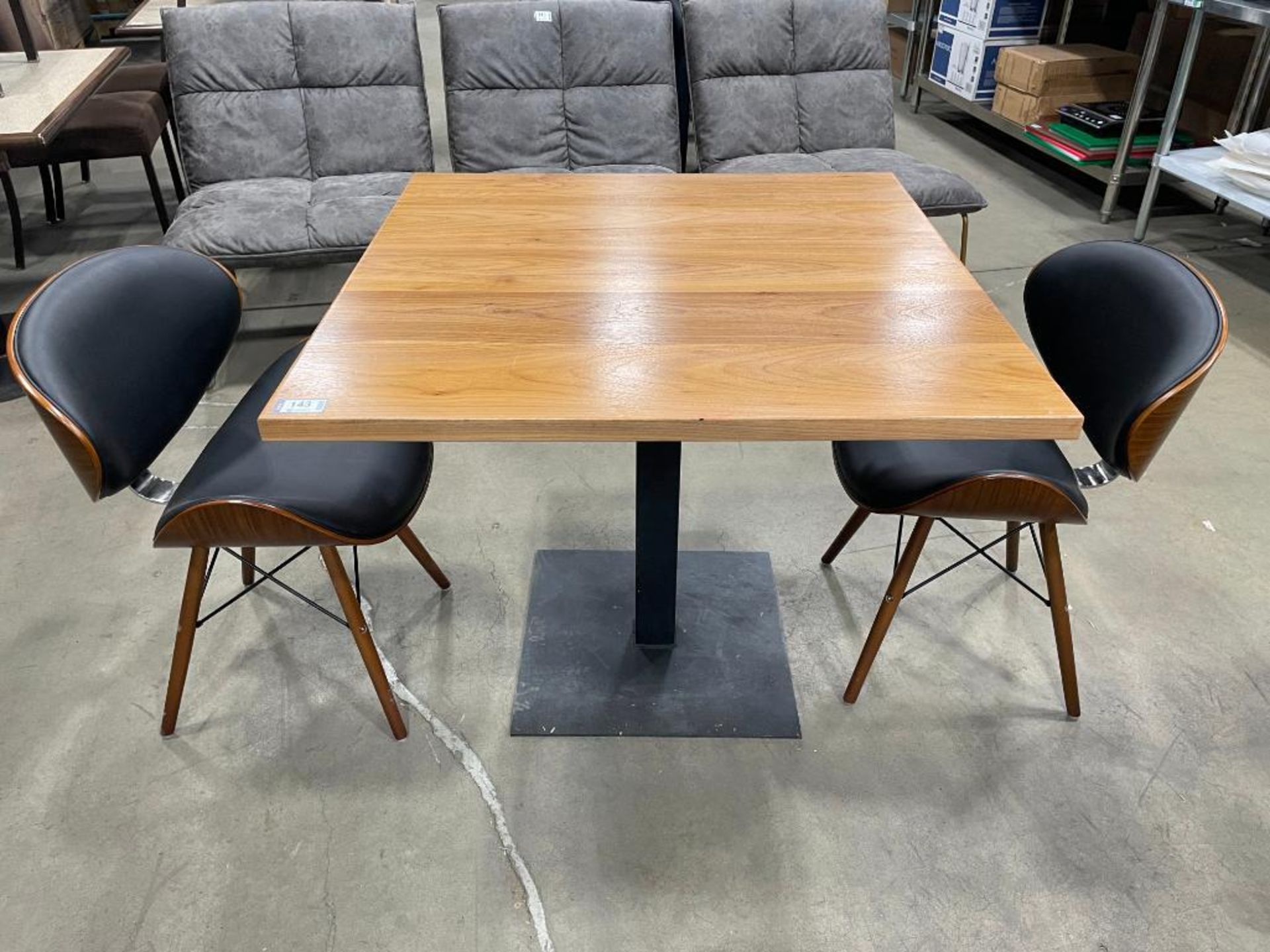 36" X 36" WOOD TOP SINGLE PEDESTAL TABLE WITH (2) ARMEN LIVING CASSIE MID-CENTURY CHAIRS