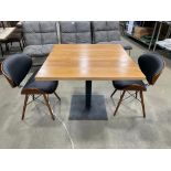 36" X 36" WOOD TOP SINGLE PEDESTAL TABLE WITH (2) ARMEN LIVING CASSIE MID-CENTURY CHAIRS