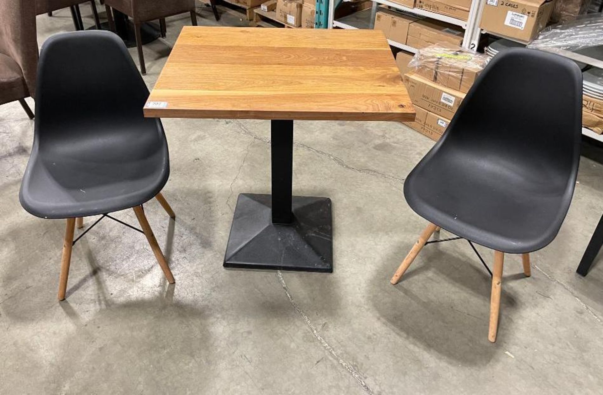 30" X 24" WOOD TOP SINGLE PEDESTAL TABLE WITH (2) BLACK PLASTIC BACK CHAIRS - Image 2 of 9