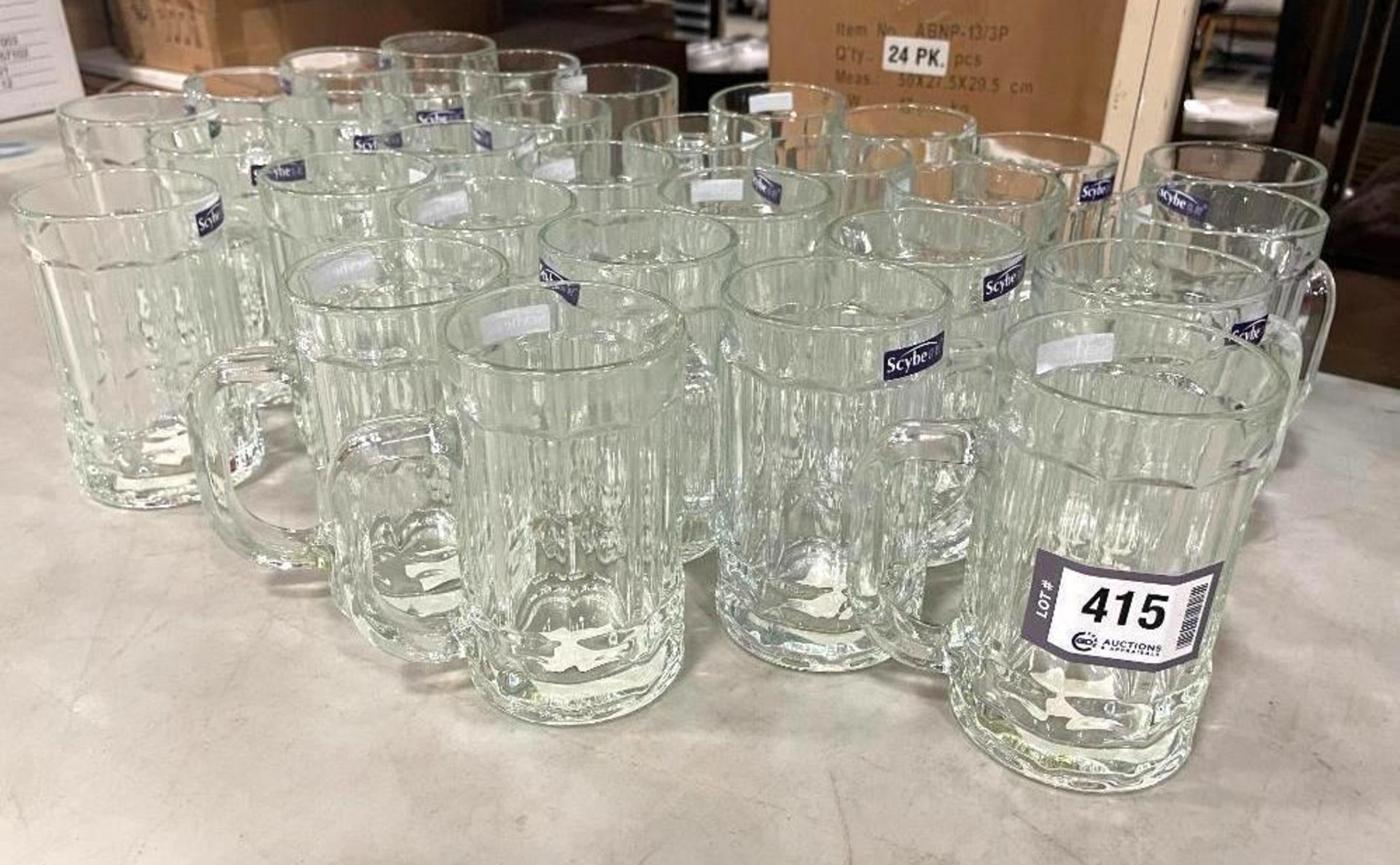 LOT OF (30) SCYBE GLASS BEER MUGS