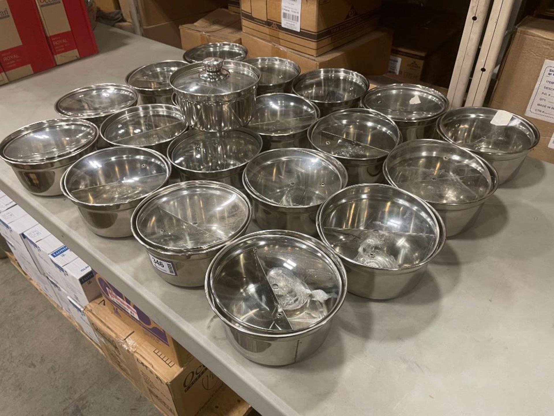 LOT OF (20) TWO-COMPARTMENT ROUND STAINLESS STEEL POT WITH COVER