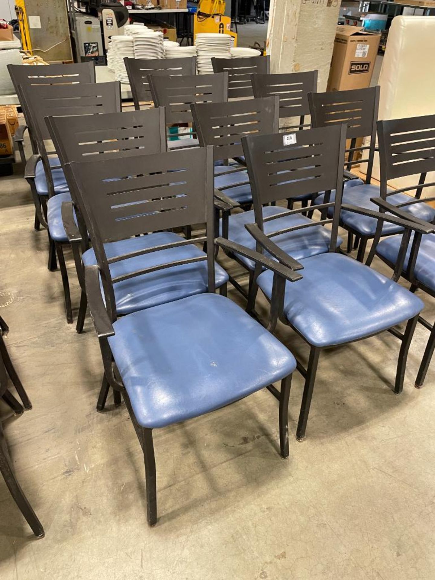 (12) BLUE PADDED METAL BACK DINING ARMCHAIRS - Image 4 of 7