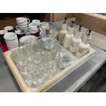LOT OF ASSORTED GLASSWARE WITH VINEGAR BOTTLES & WHITE INSERTS