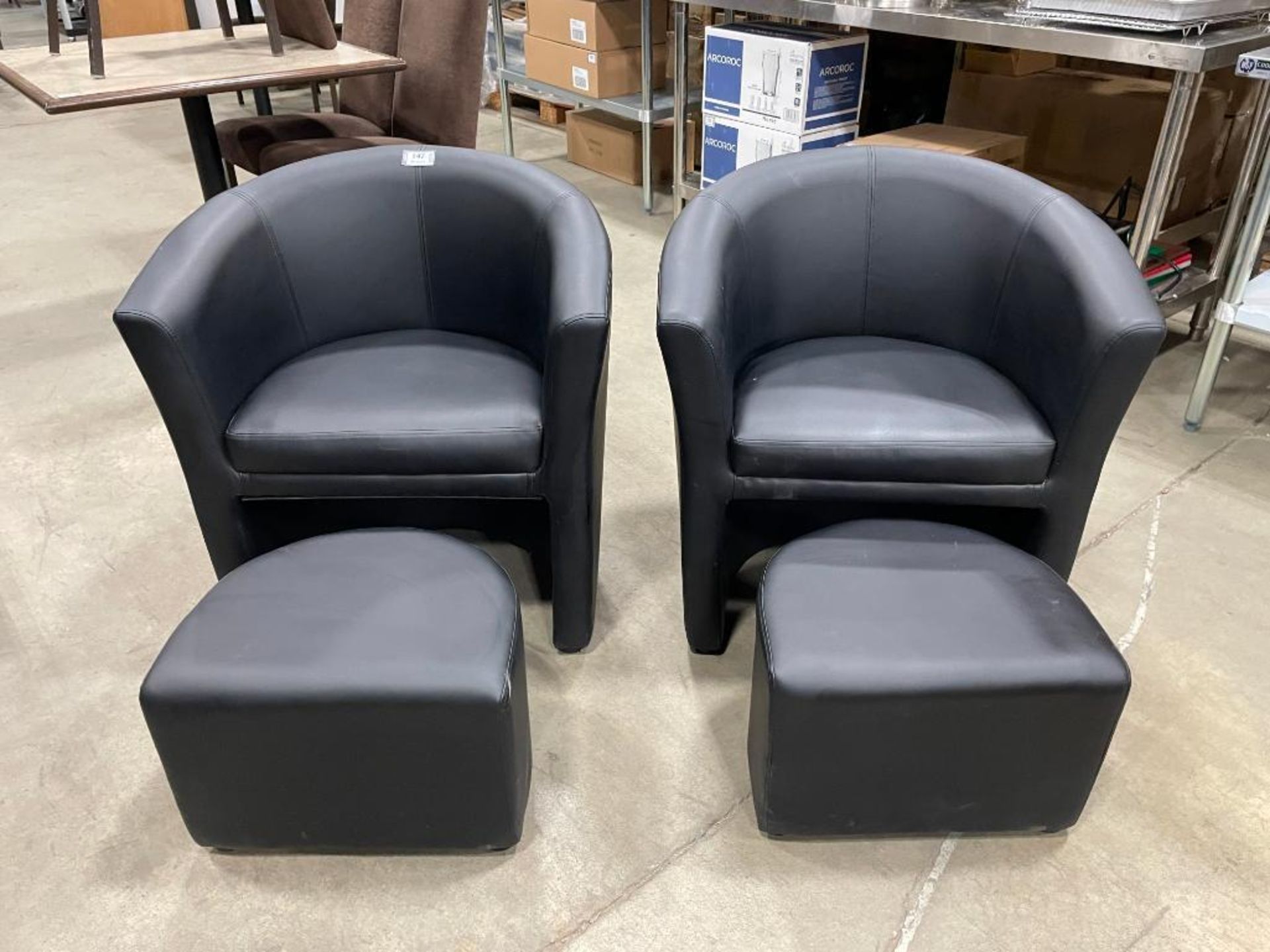 (2) BLACK TUB CHAIRS WITH FOOTSTOOL