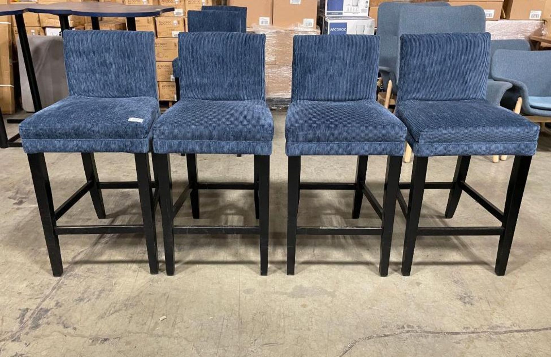 (4) BLUE CORDUROY BAR HEIGHT BAR STOOLS