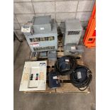 Pallet of Asst. Transformers, Electric Motors, Switches, Electrical Panel, etc.