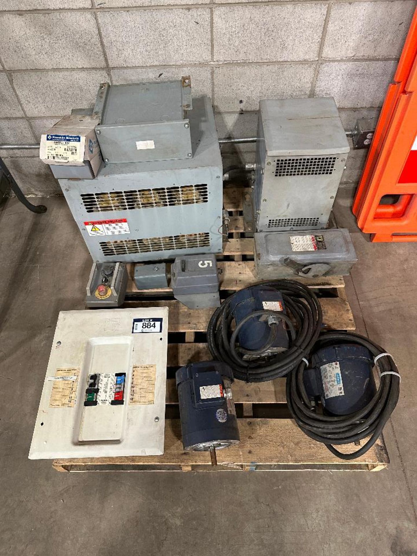 Pallet of Asst. Transformers, Electric Motors, Switches, Electrical Panel, etc.