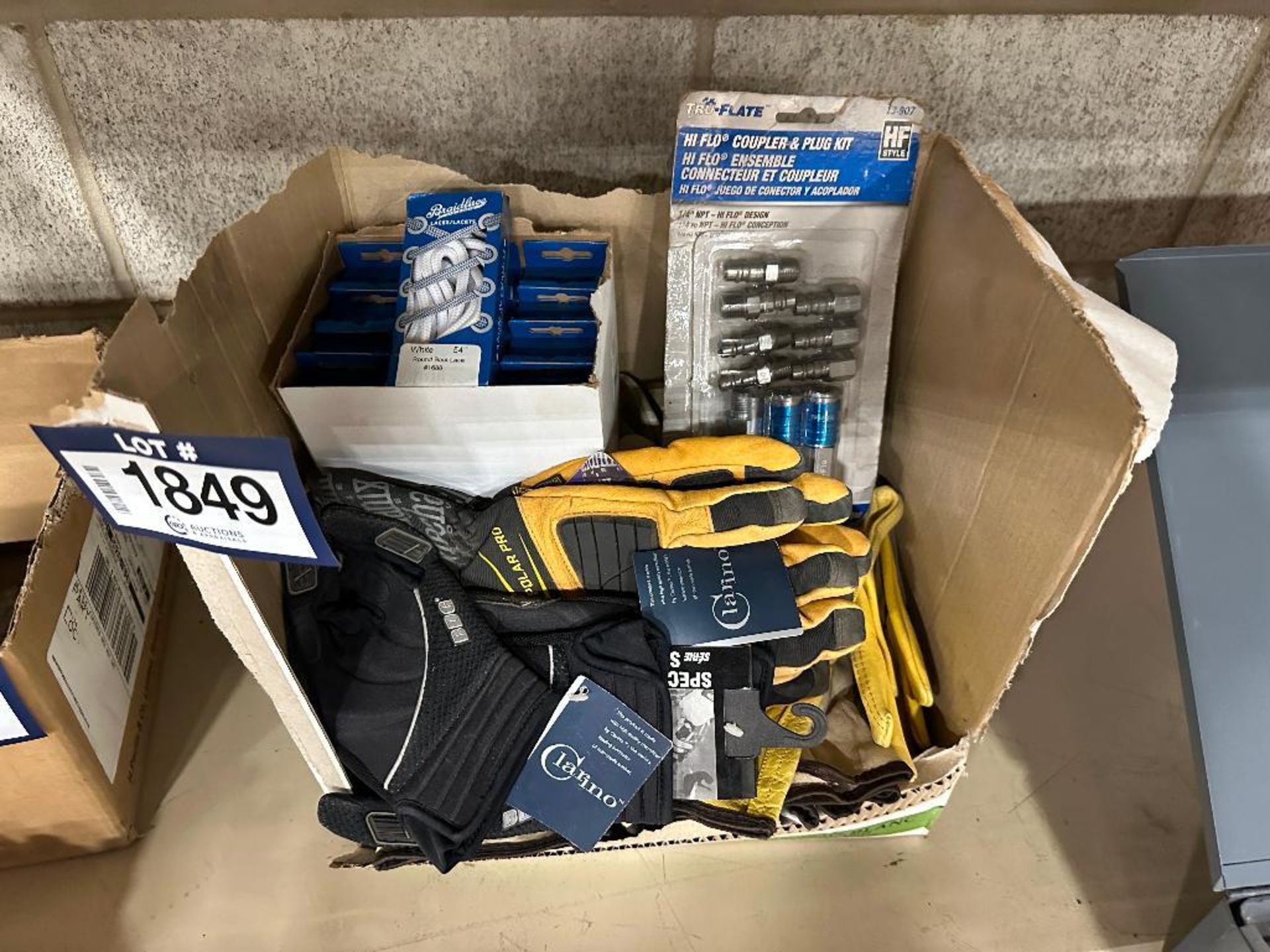 Lot of asst. Work Gloves, Air Hose Couplers, Laces, etc.