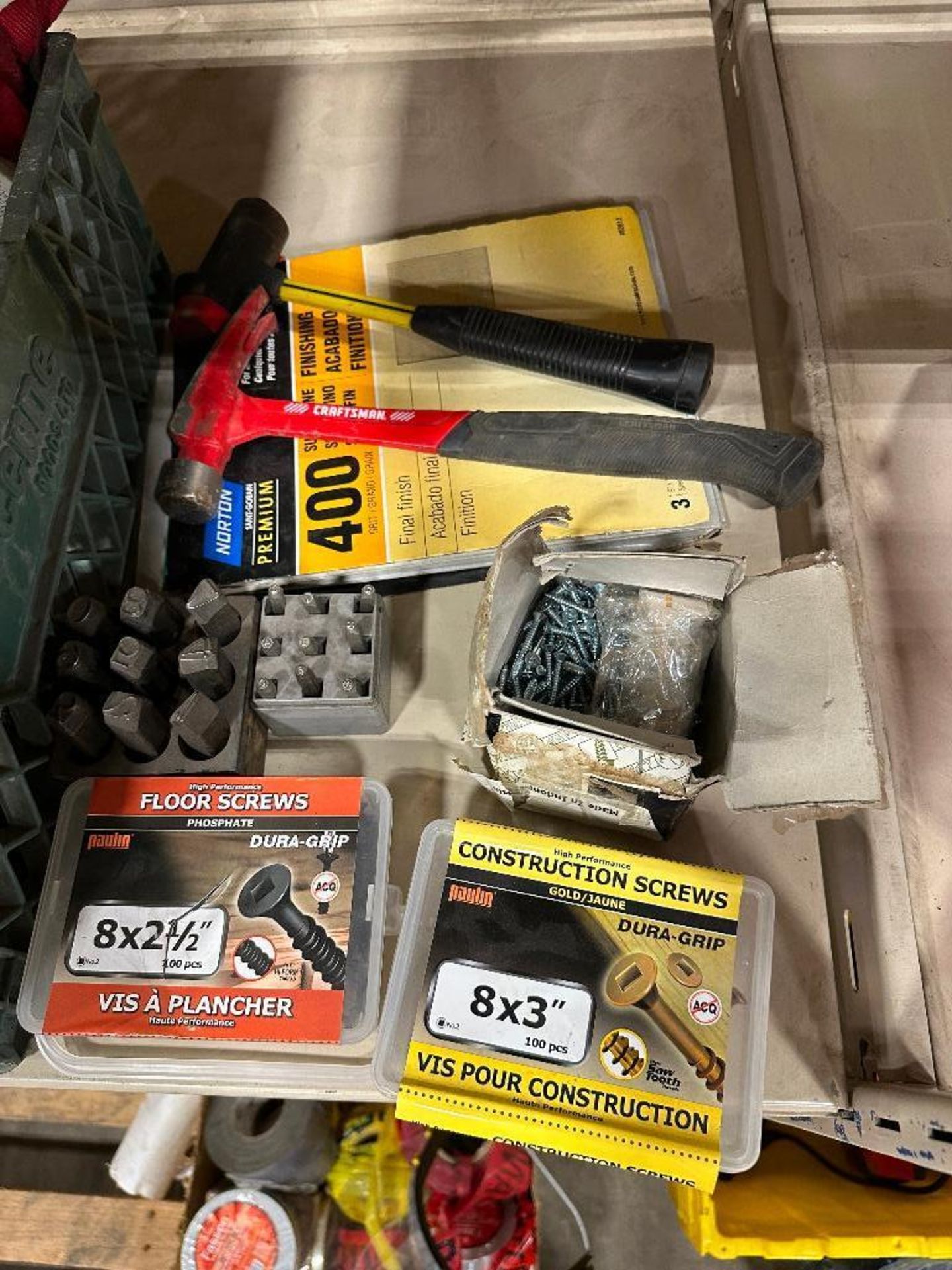 Lot of Asst. Fasteners, Hammers, Wrenches, Stamps, Sand Paper, etc. - Image 2 of 3