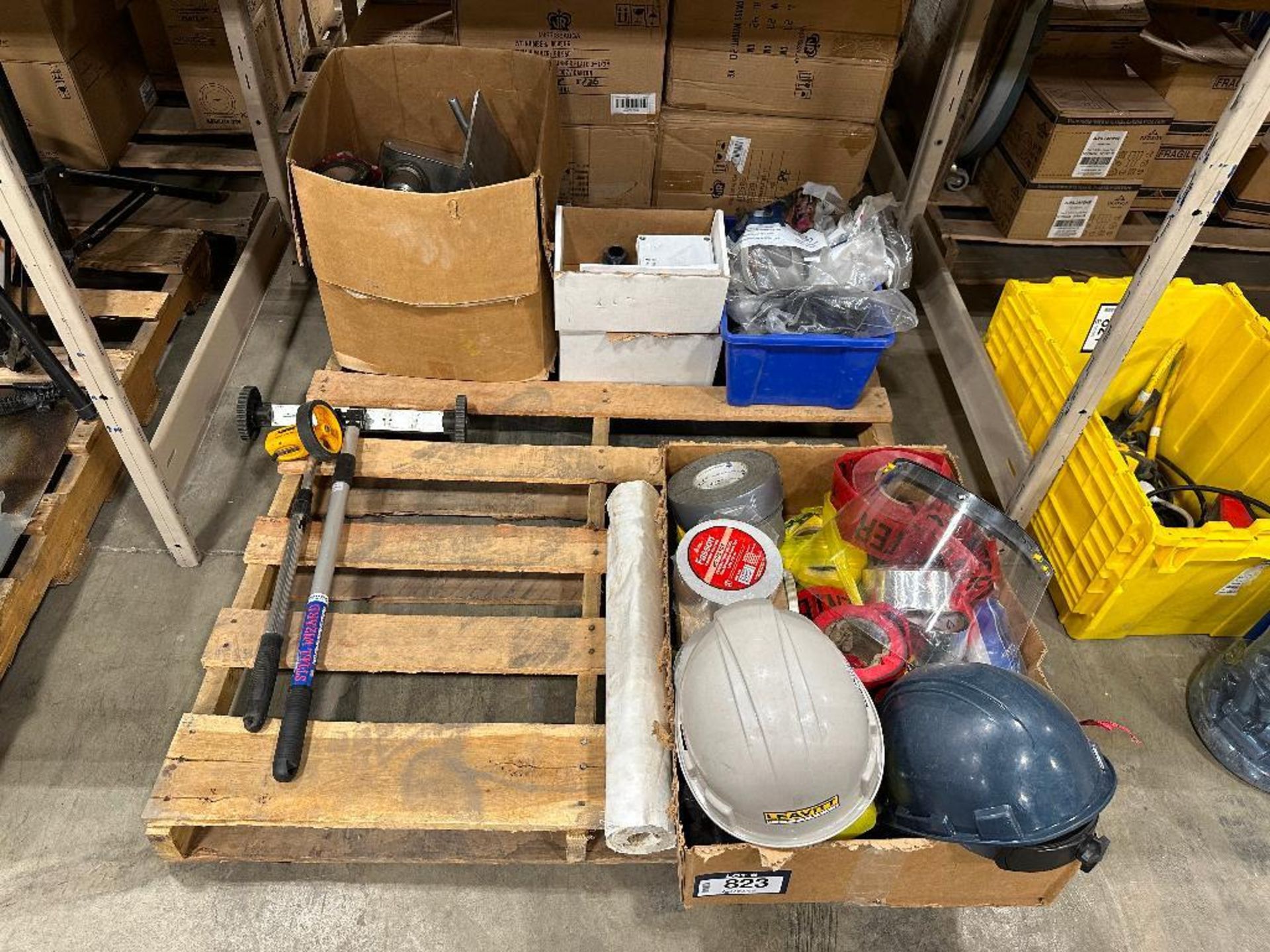 Pallet of Asst. Tape, Hard Hats, Face Masks, Measuring Tool, etc.