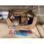 Box of Asst. 24" level, Power Nut Drivers, Graphite Lubricant, etc.