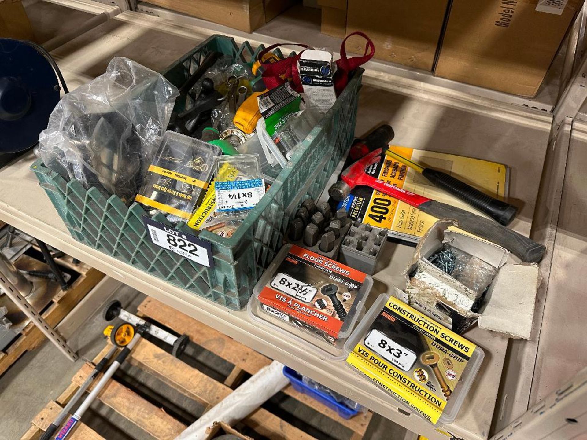 Lot of Asst. Fasteners, Hammers, Wrenches, Stamps, Sand Paper, etc.