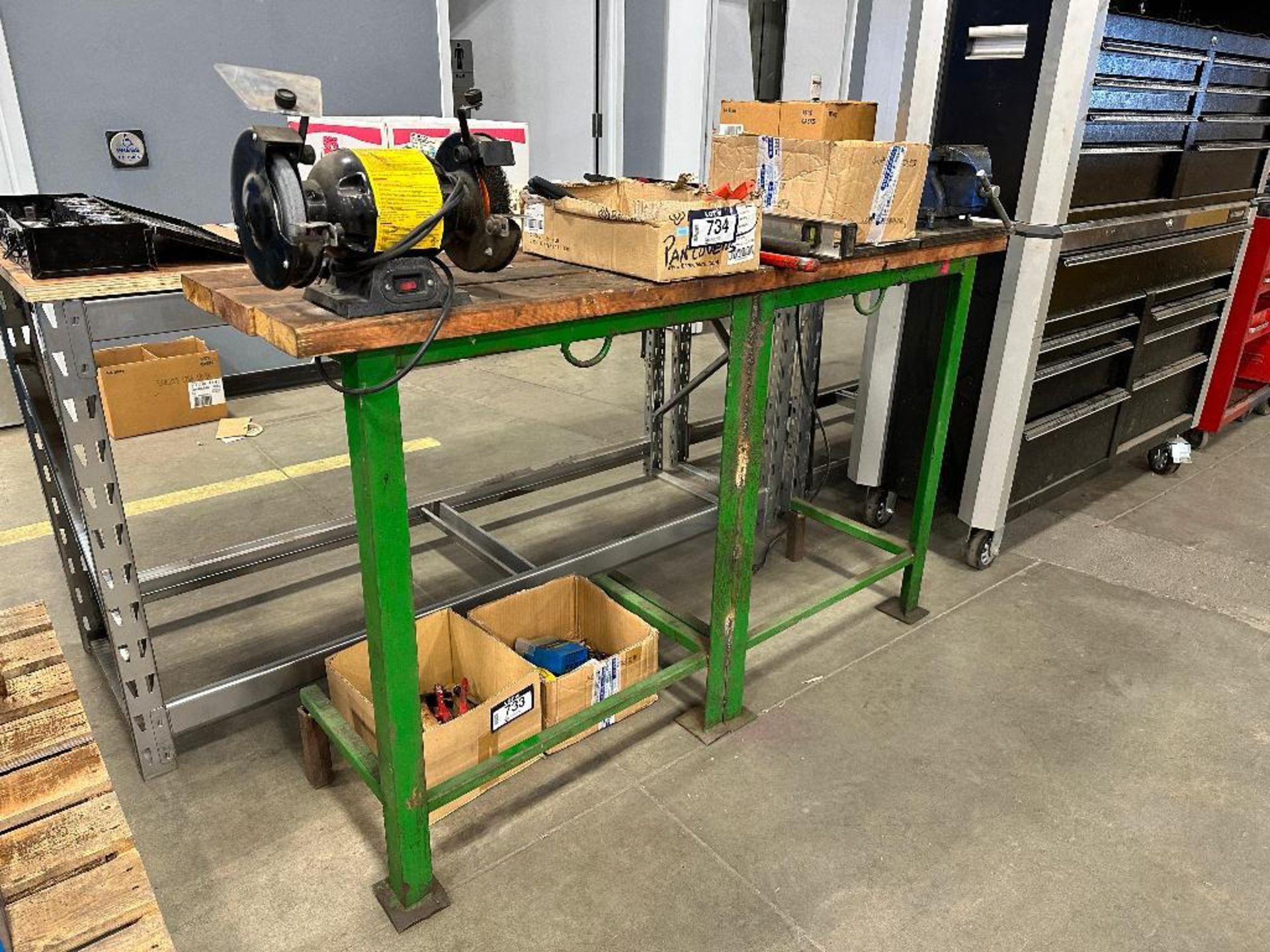 64" X 17" Work Bench w/ Bench Grinder and 5" Bench Vise