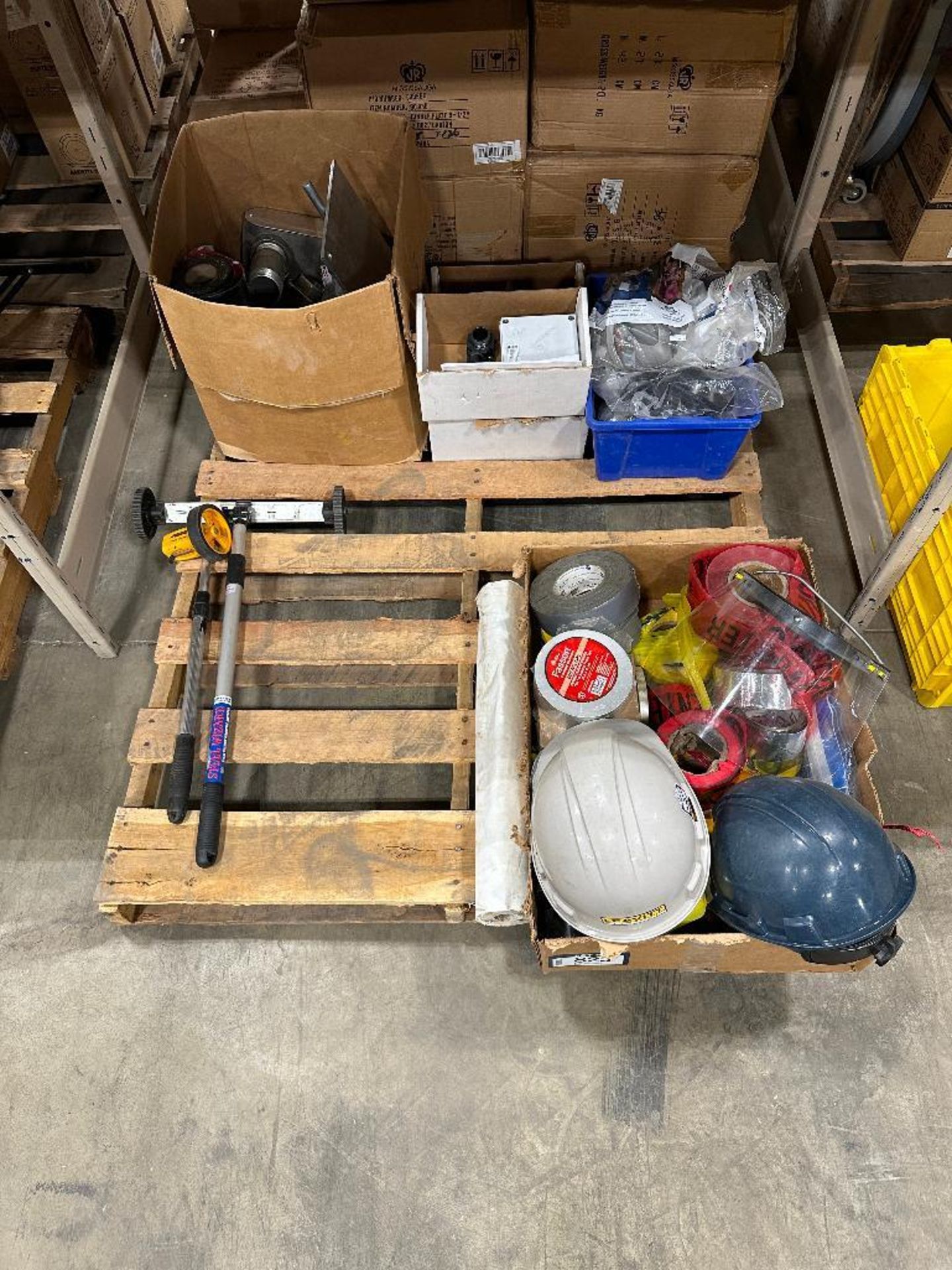 Pallet of Asst. Tape, Hard Hats, Face Masks, Measuring Tool, etc. - Image 2 of 5