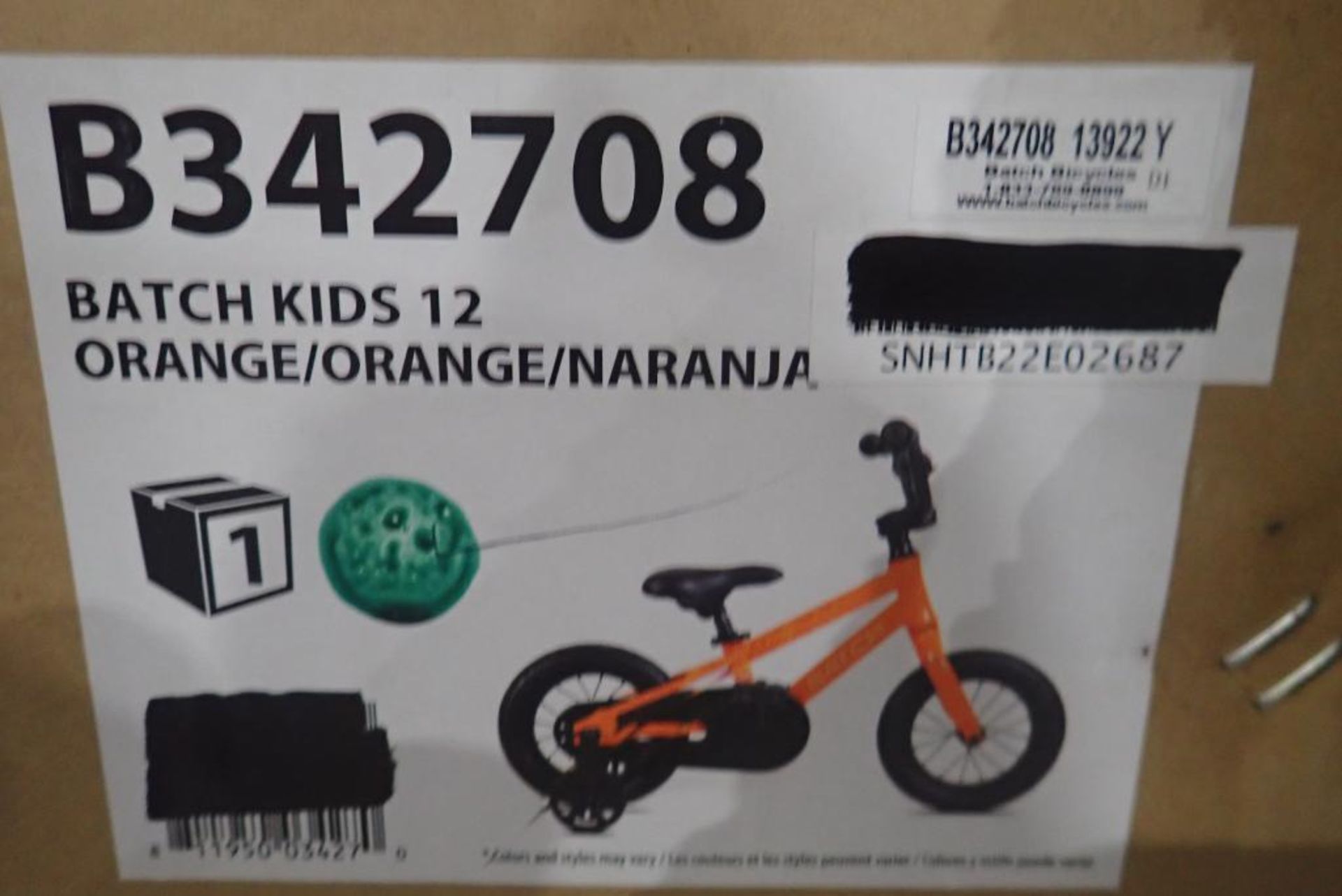 Batch Kids 12" Bike w/Training Wheels-Orange-IN BOX.