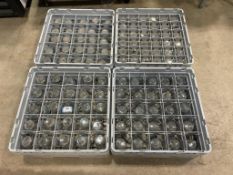 (144) WATER/JUICE GLASSES WITH (4) CAMBRO DISHWASHER RACKS