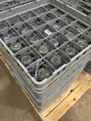 (144) WATER/JUICE GLASSES WITH (4) CAMBRO DISHWASHER RACKS