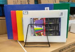 6 MIXED COLOURED CUTTING BOARD SET & RACK - NEW