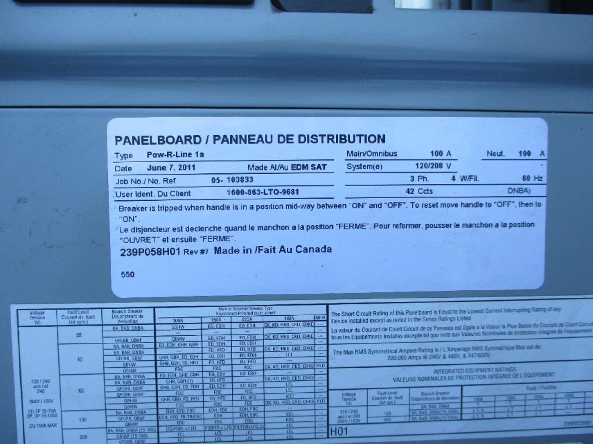 (1) CUTLER-HAMMER PANELBOARD TYPE POW-R-LINE 1A STYLE EZB2042RC (1) G.E. MOTOR CONTROL CENTER MODEL - Image 2 of 6