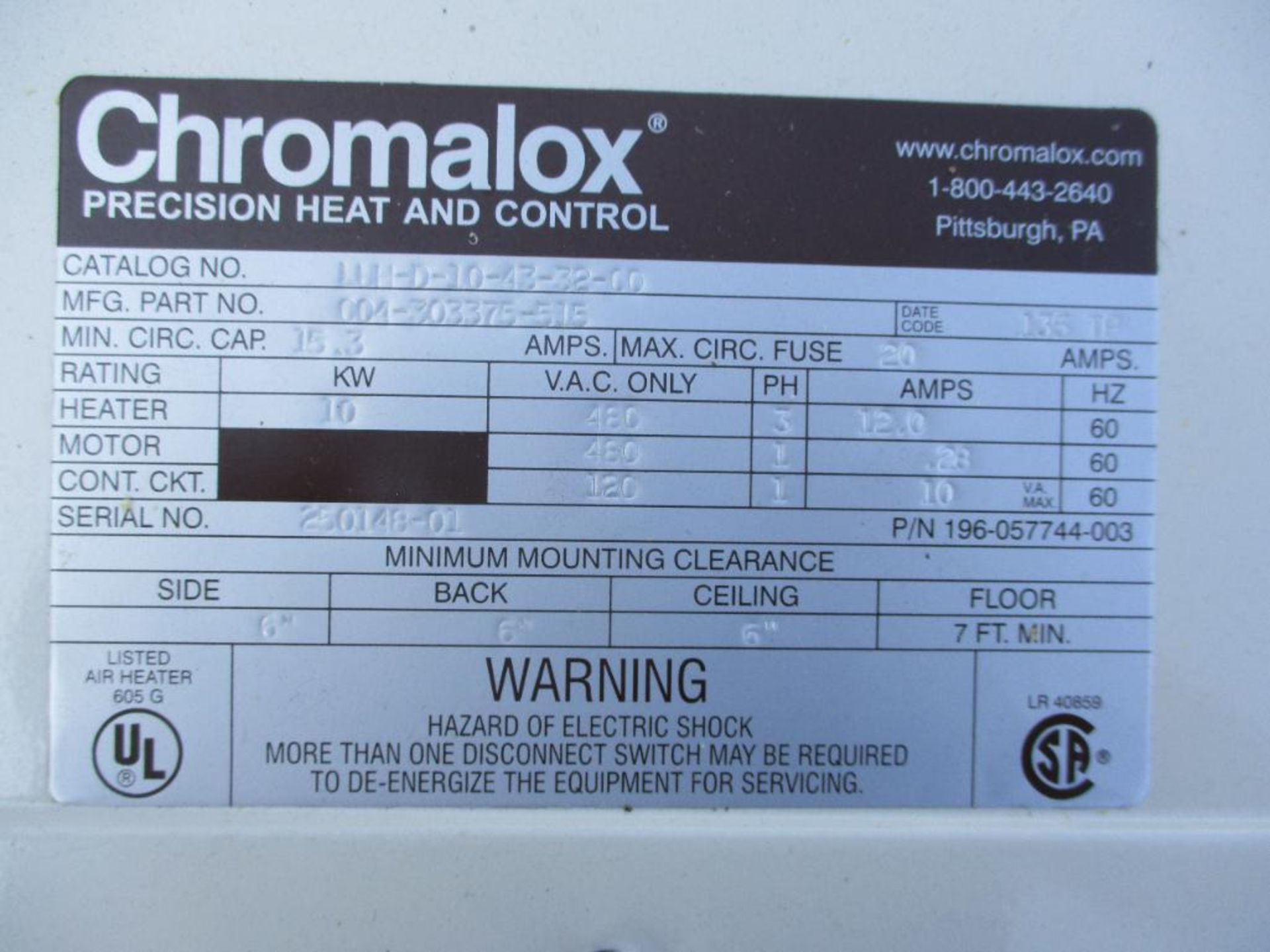 CHROMALOX TYPE LUH HORIZONTAL UNIT HEATER CATALOG NUMBER LUH-D-10-43-32-00 PART NUMBER 004-303375-51 - Image 4 of 4