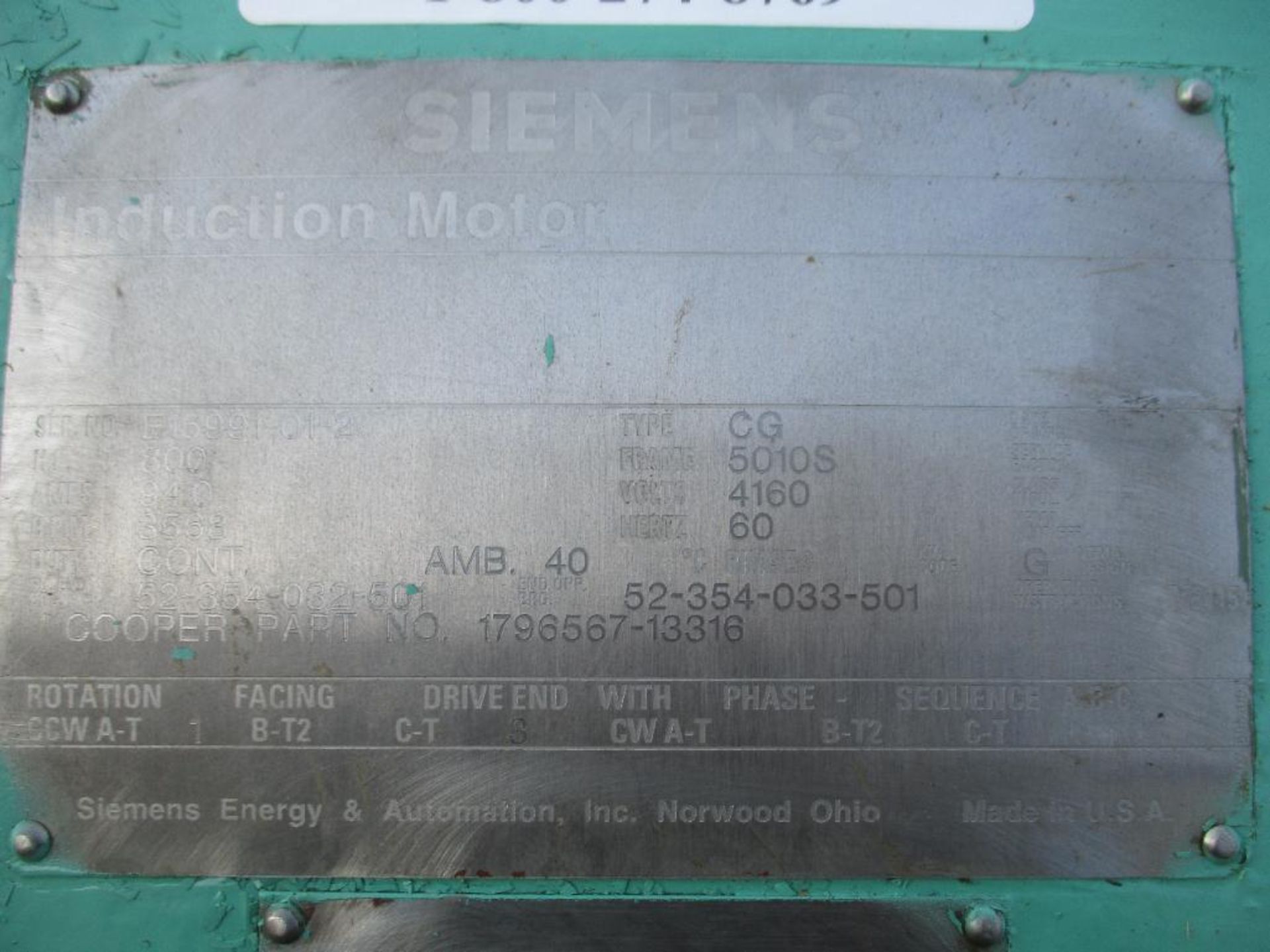 SIEMENS 3 PHASE 800HP 3563RPM 5010S FRAME A/C MOTOR P/N 1796567-13316 (THIS LOT IS FOB KNOXVILLE TN) - Image 2 of 5