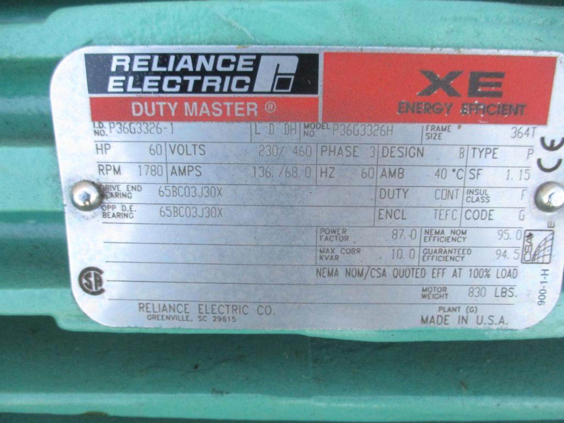 RELIANCE ELECTRIC DUTY MASTER P36B3326H 60HP 1780RPM 364T FRAME 3 PHASE MOTOR 840# LBS (THIS LOT IS - Image 2 of 5