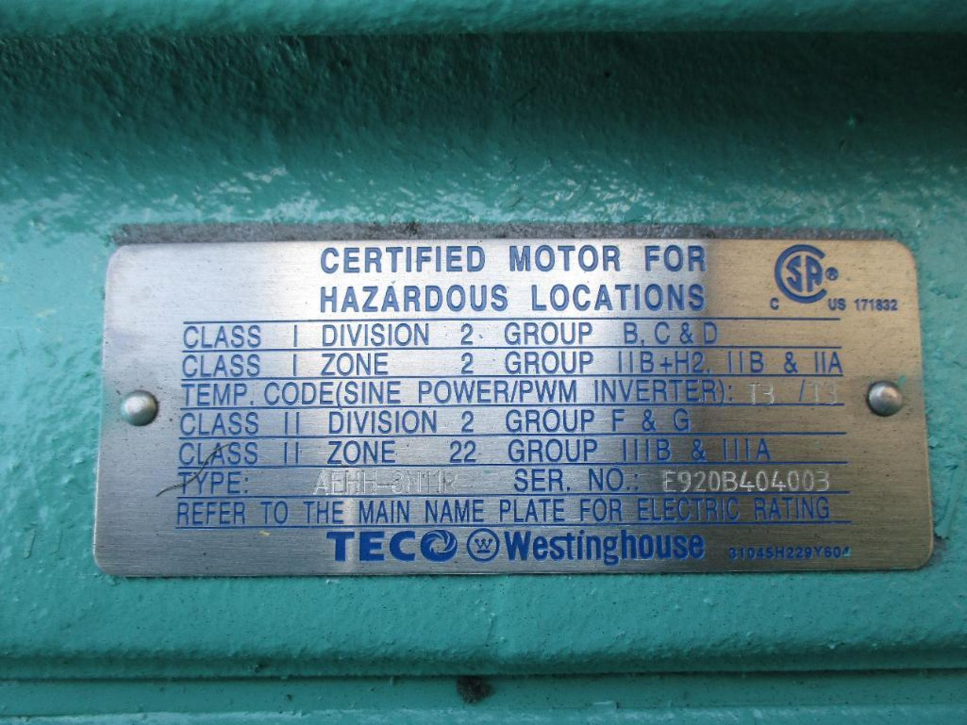 TECO WESTINGHOUSE MAX-E1 SEVER DUTY MOTOR EP2004R TYPE AEHH-8N11R 200HP 1785RPM 60HZ FRAME 447T 3 PH - Image 2 of 7