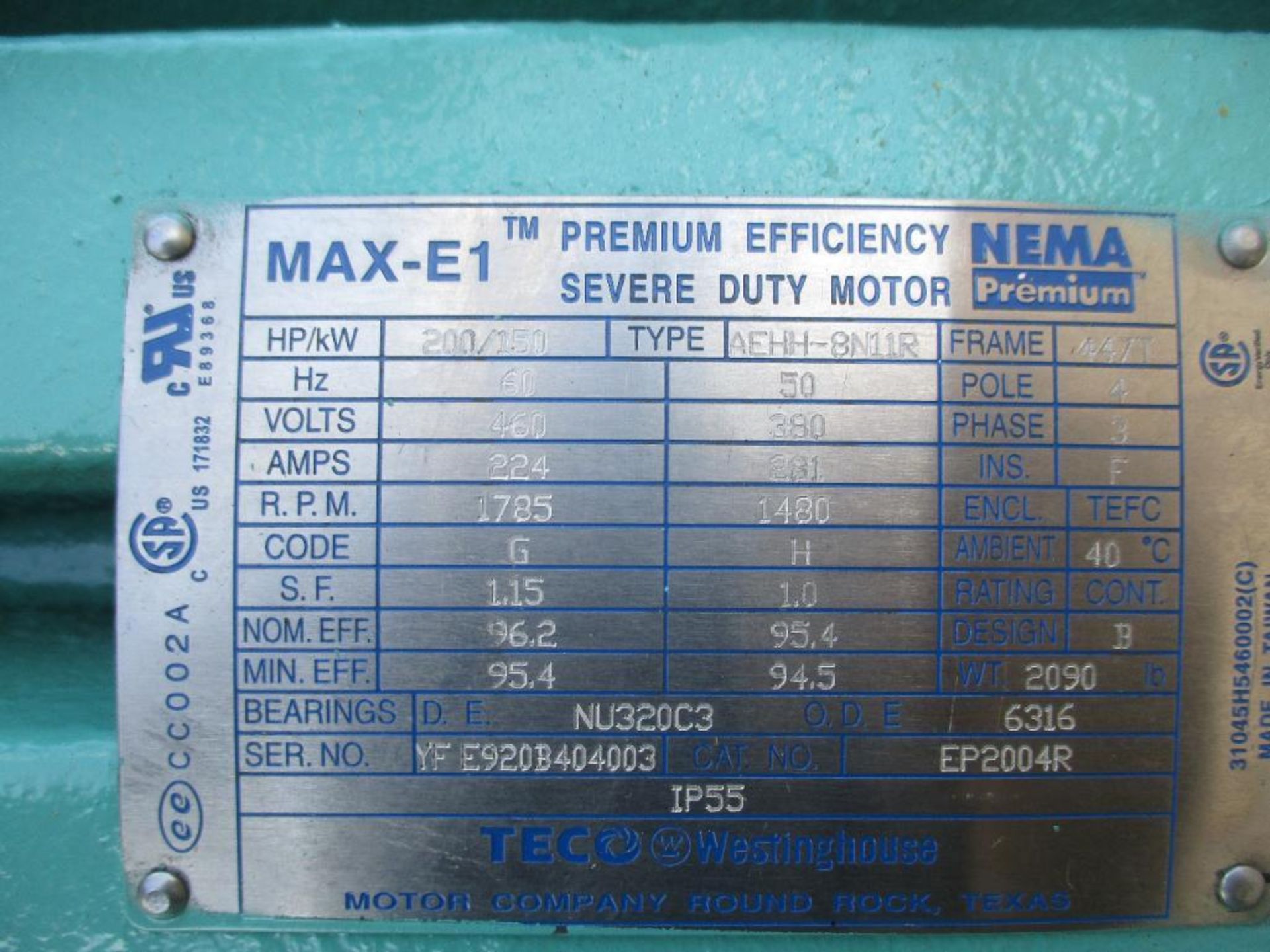 TECO WESTINGHOUSE MAX-E1 SEVER DUTY MOTOR EP2004R TYPE AEHH-8N11R 200HP 1785RPM 60HZ FRAME 447T 3 PH - Image 3 of 7