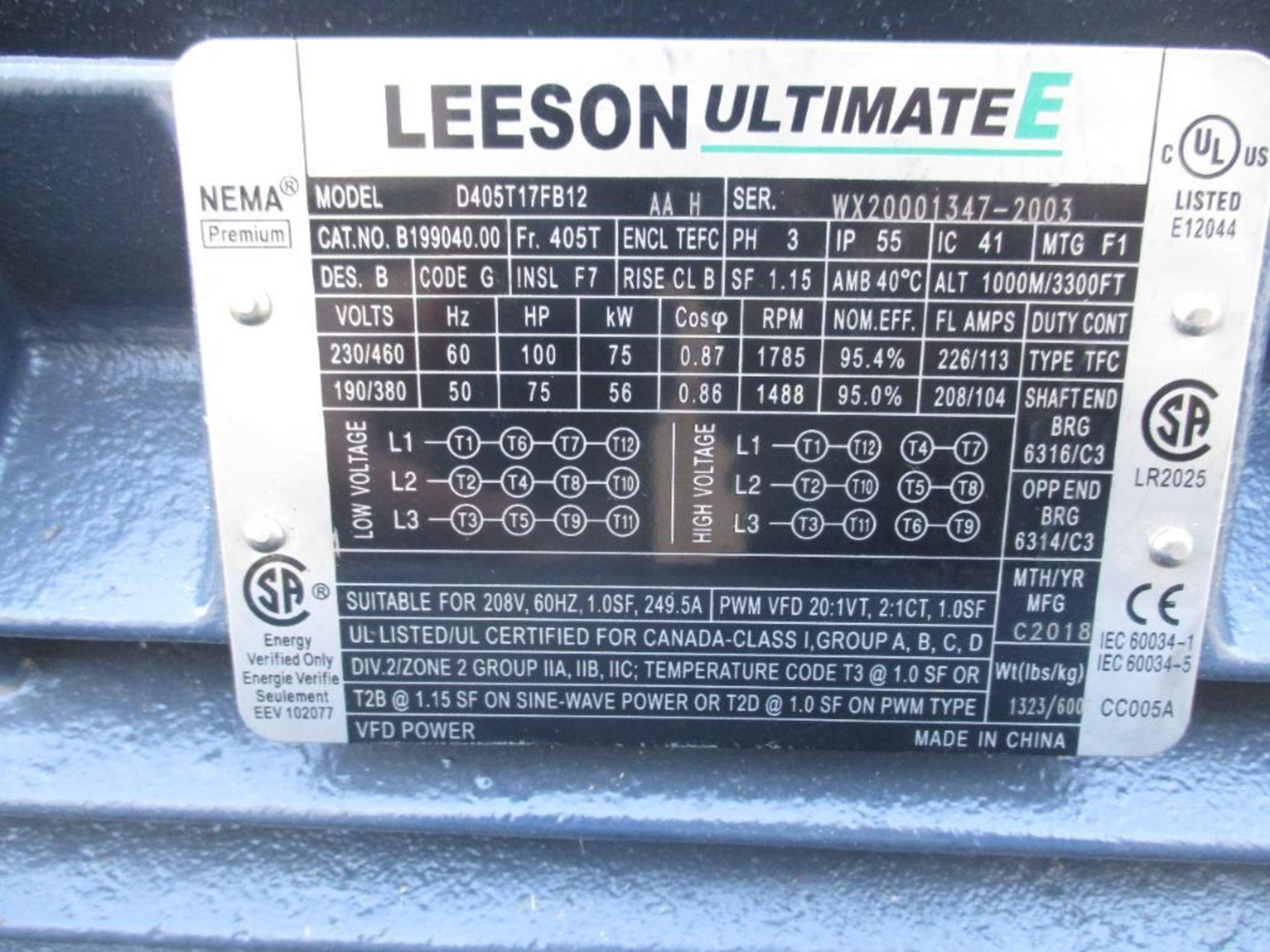 LEESON ULTIMATE E MODEL D405T17FB12 AA H CAT NO B199040.00 100HP 1785RPM 60HZ 3 PHASE FRAME 405T GEN - Image 2 of 6