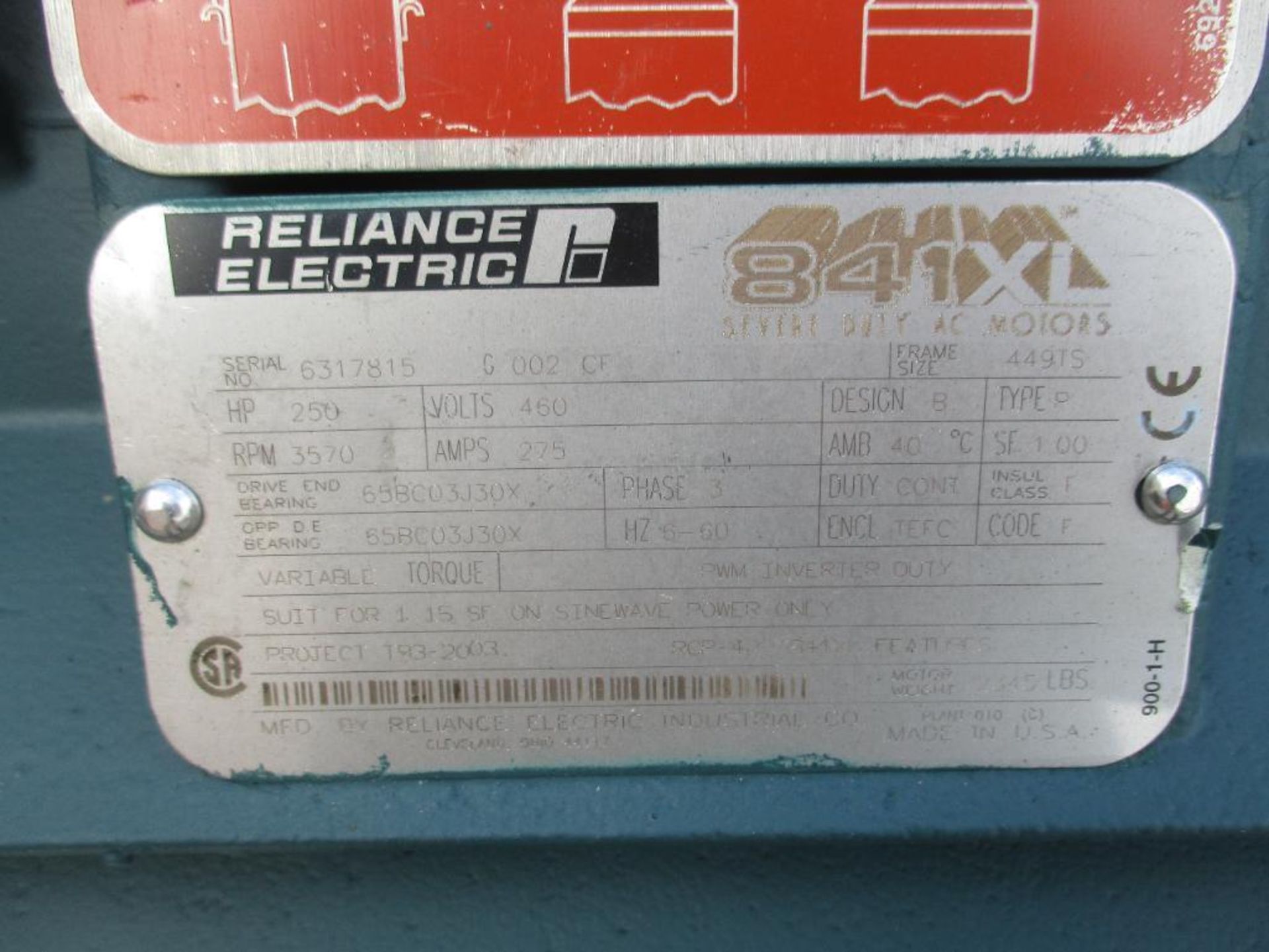 RELIANCE ELECTRIC 3 PHASE 250HP 3570RPM 449TS FRAME A/C MOTOR P/N 841XL 2294# LBS (THIS LOT IS FOB K - Image 2 of 5