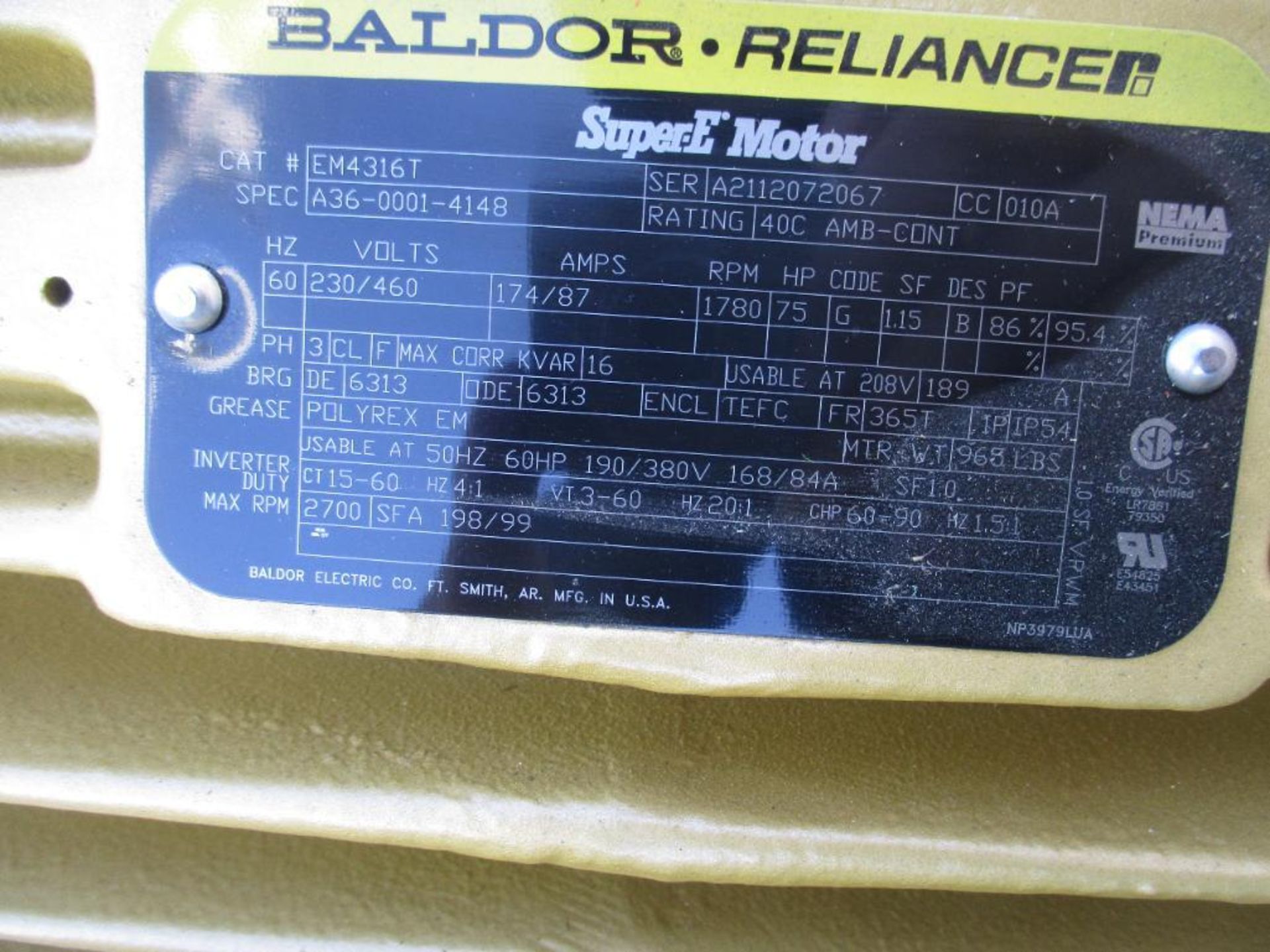 BALDOR-RELIANCE SUPER-E MOTOR EM4316T 75HP 1780RPM 3 PHASE ELECTRIC MOTOR 985# LBS (THIS LOT IS FOB - Image 2 of 5
