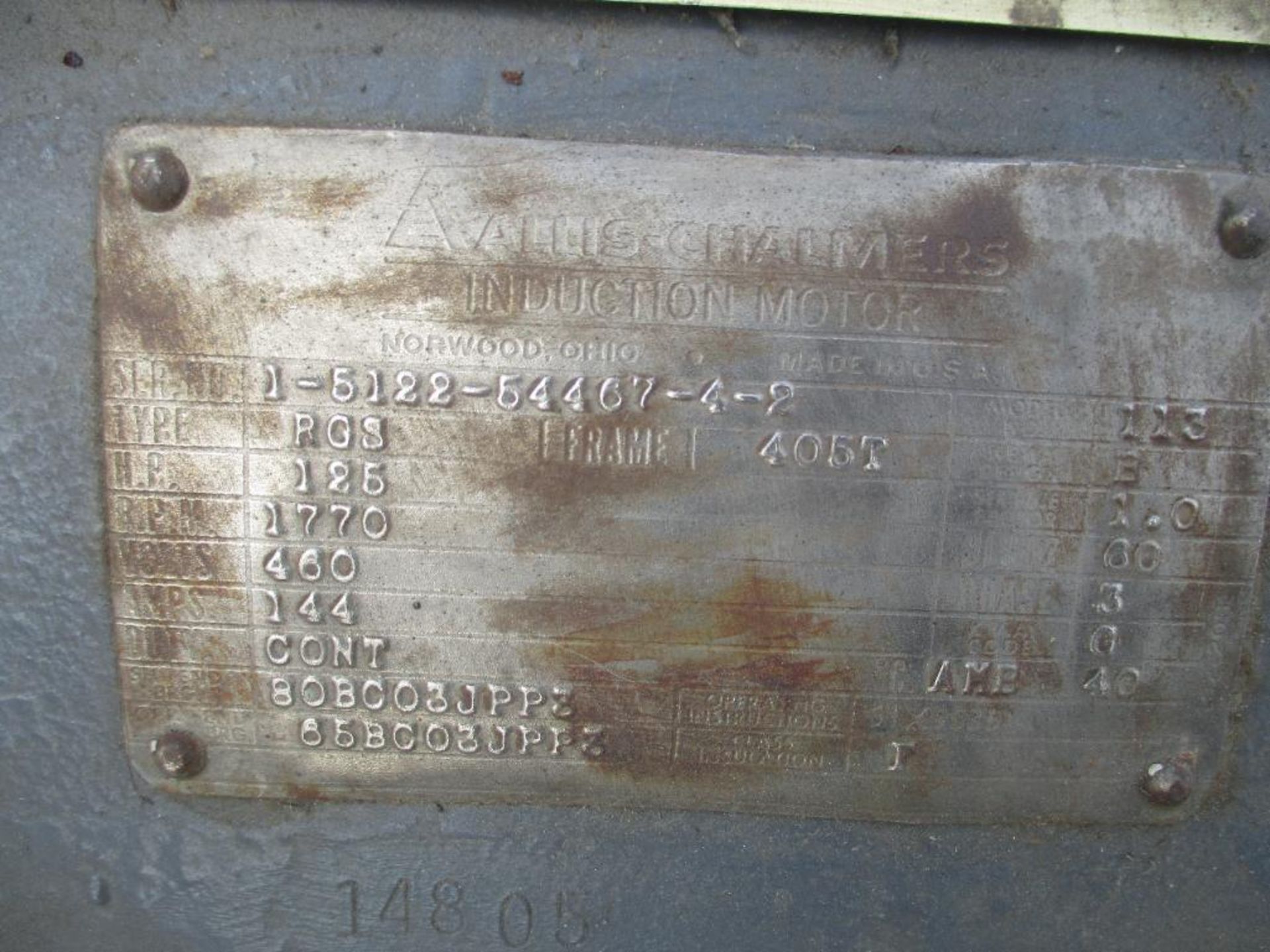 ALLIS CHALMERS 3 PHASE 125HP 1770RPM 405T FRAME A/C MOTOR P/N 1-5122-54467-4-2 1008# LBS (THIS LOT I - Image 2 of 5