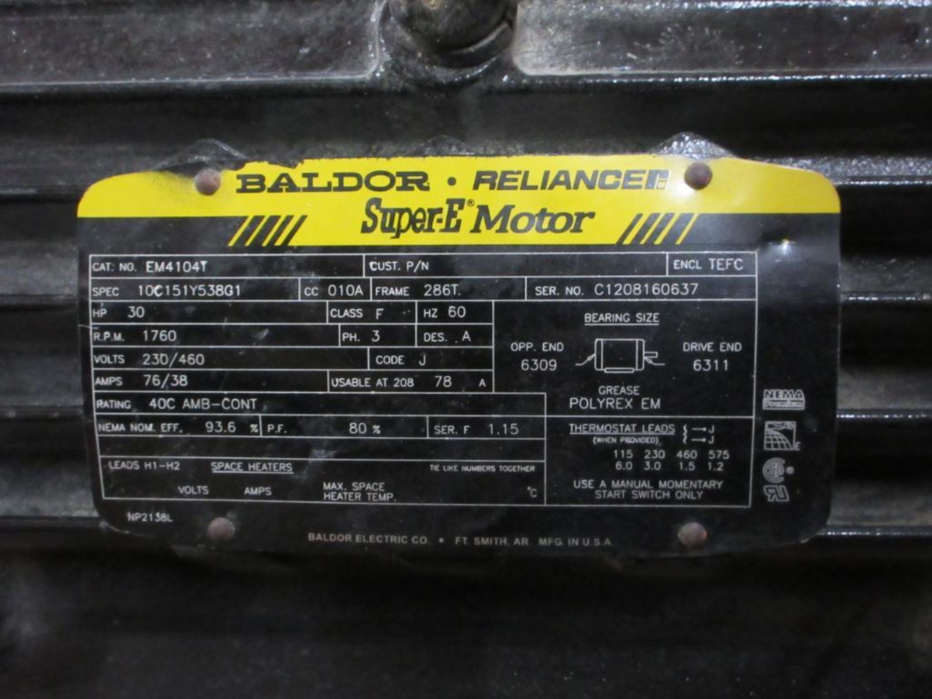 BALDOR-RELIANCE SUPER-E MOTOR EM4104T 30HP 1760 RPM 3 PHASE FRAME 286T AC MOTOR (THIS LOT IS FOB CAM - Image 4 of 7