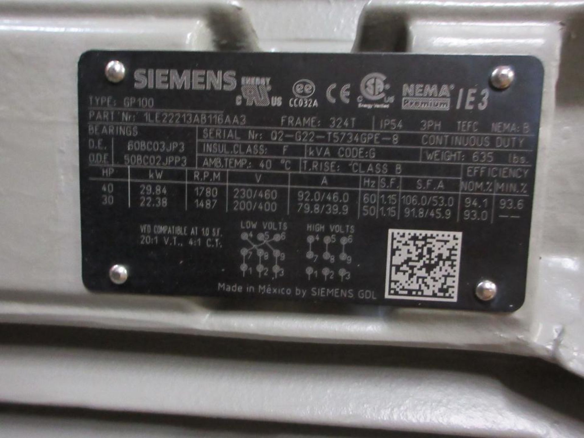 SIEMENS MOTOR 40HP 3 PHASE 1800RPM FRAME 324T P/N 1LE22213AB116AA3 TYPE GP100 (THIS LOT IS FOB CAMAR - Bild 9 aus 9