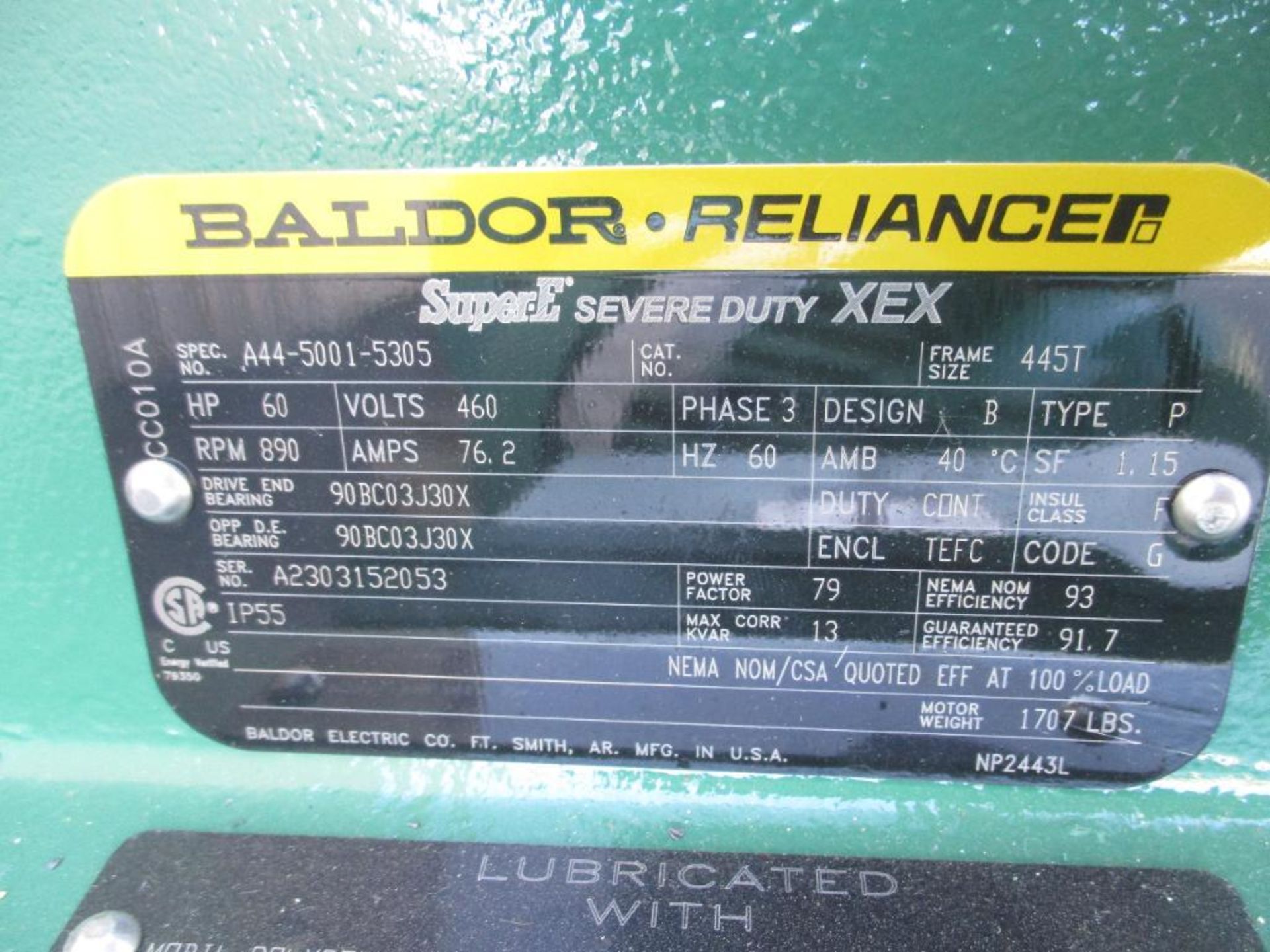BALDOR-RELIANCE SUPER-E SEVERE DUTY XEX A44-5001-5305 60HP 890RPM 445T FRAME 60HZ 3 PHASE ELECTRIC M - Image 2 of 6