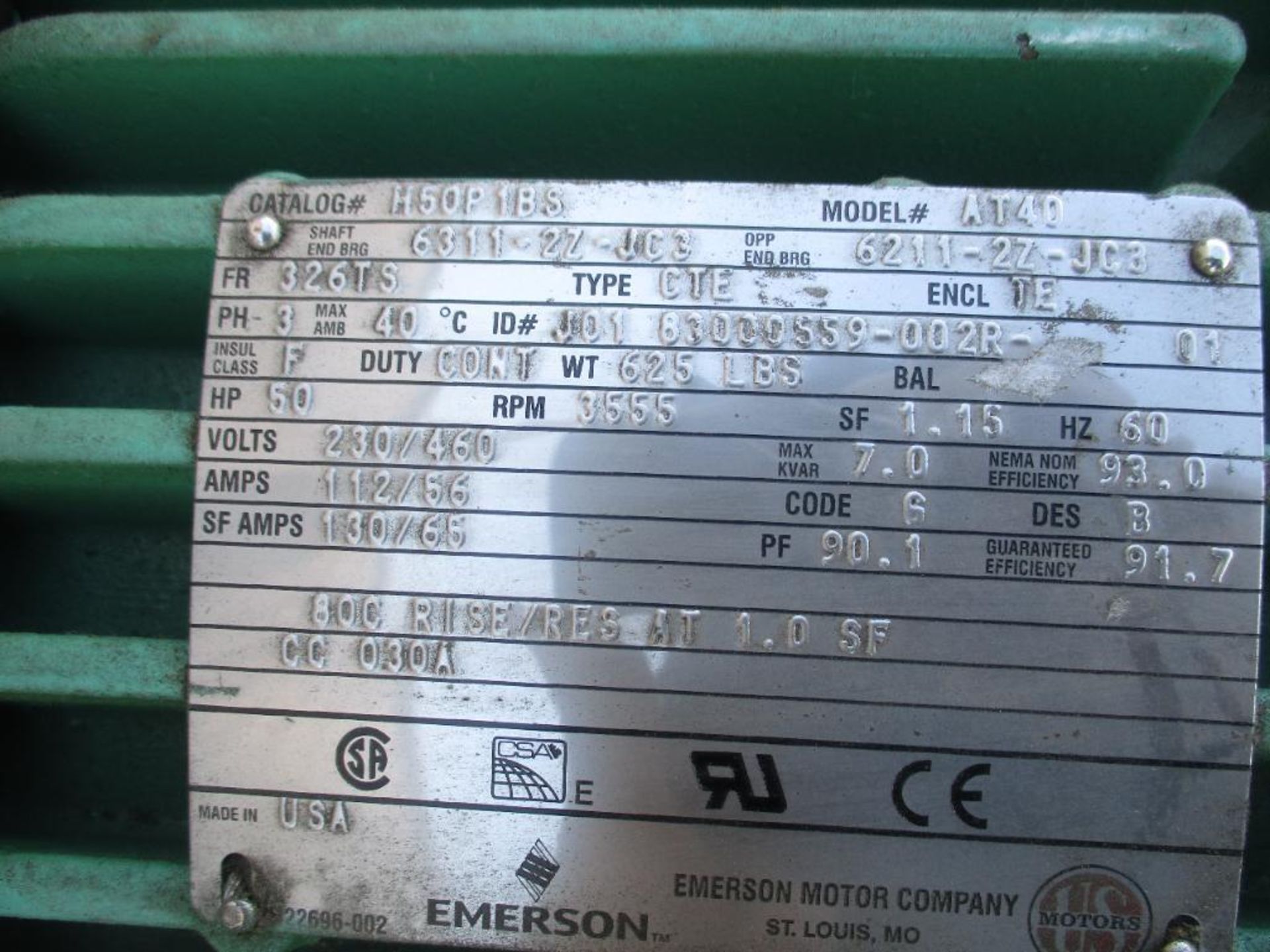 EMERSON US MOTOR H50P1BS MODEL AT40 50HP 3555RPM FRAME 326TS 3 PHASE MOTOR 625# LBS (THIS LOT IS FOB - Image 2 of 6