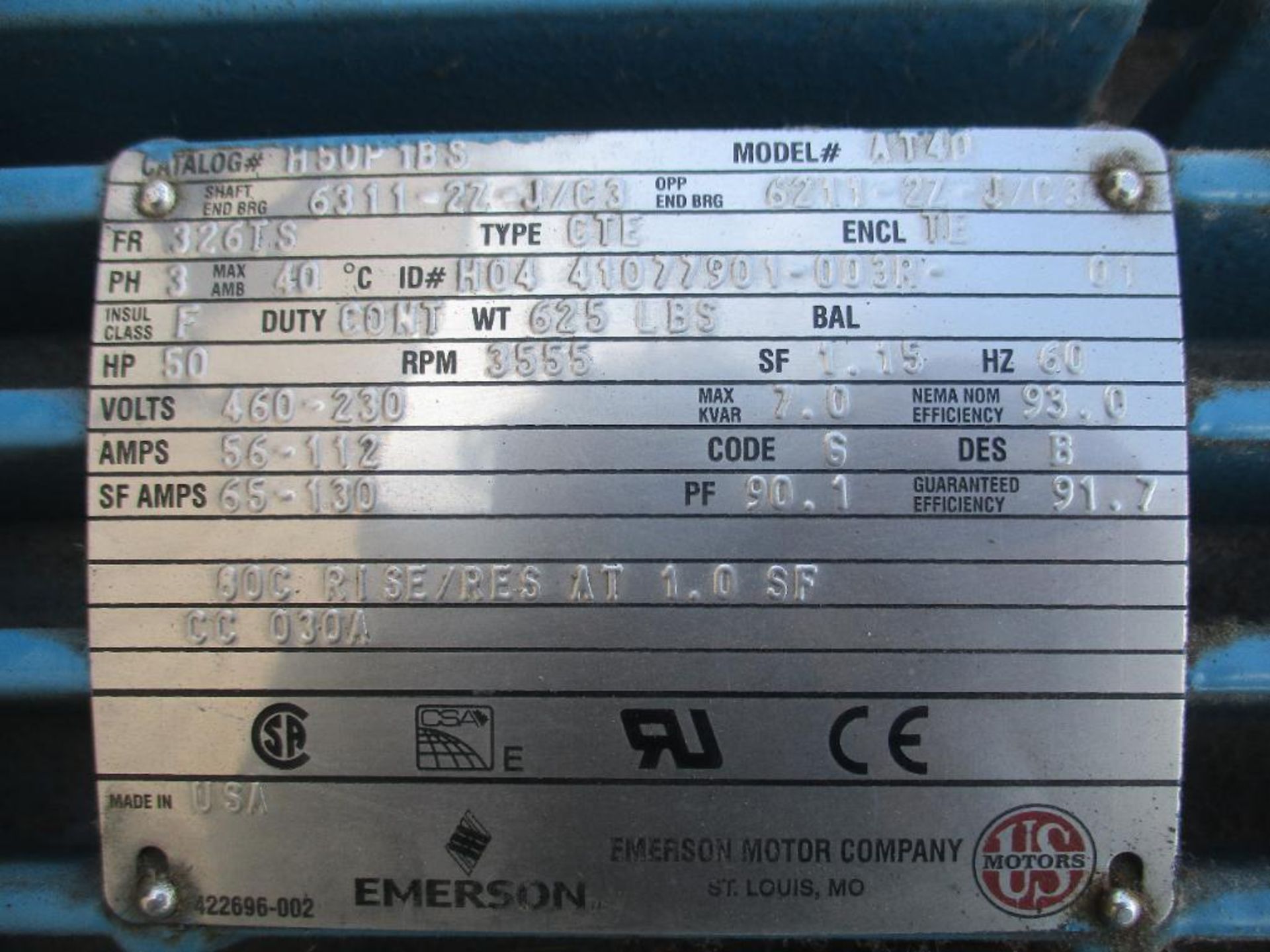 EMERSON MOTOR 3 PHASE 50HP 3555 RPM 326TS FRAME A/C MOTOR P/N H50P1BS 946# LBS (THIS LOT IS FOB KNOX - Image 2 of 7