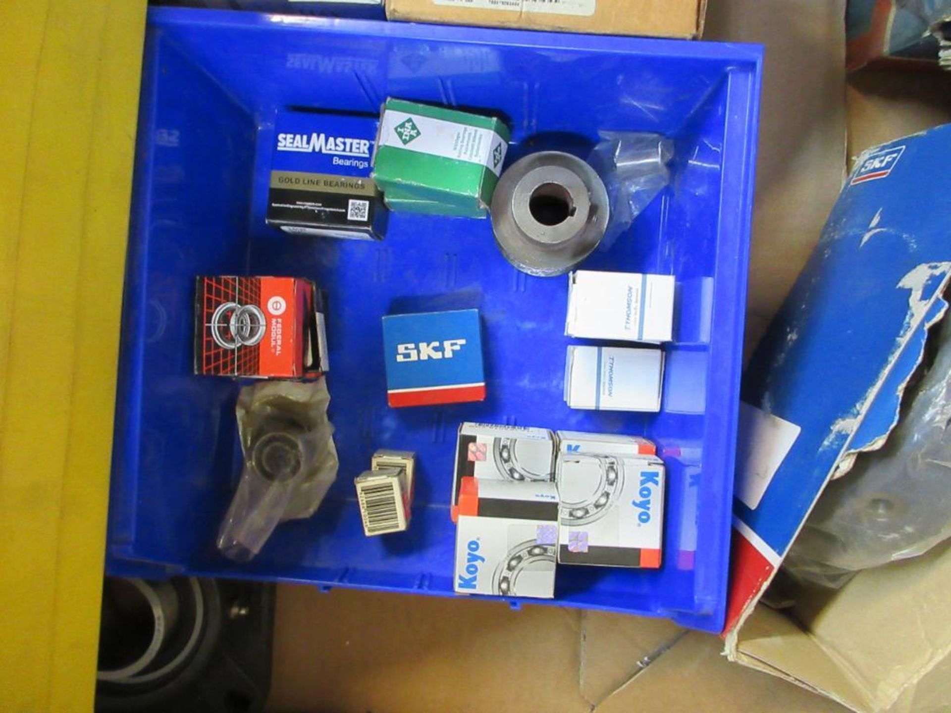 PALLET WITH BINS OF MISCELLANEOUS BEARINGS SEALS ETC INCLUDING SKF TIMKEN MRC DODGE MRC CATERPILLAR - Image 8 of 10