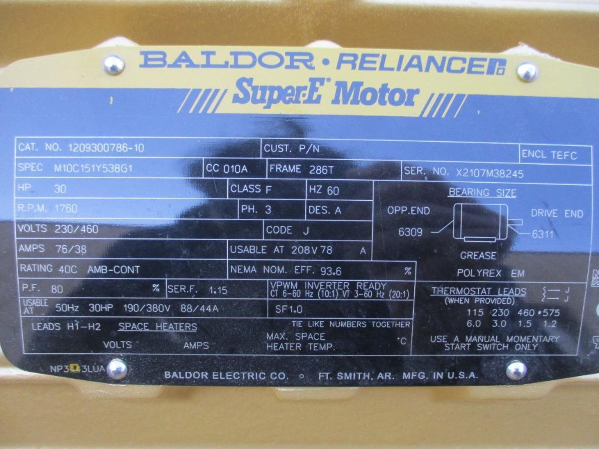 BALDOR 3 PHASE 30HP 1760RPM 286T FRAME A/C MOTOR P/N 1209300786-10 463# LBS (THIS LOT IS FOB KNOXVIL - Image 2 of 4
