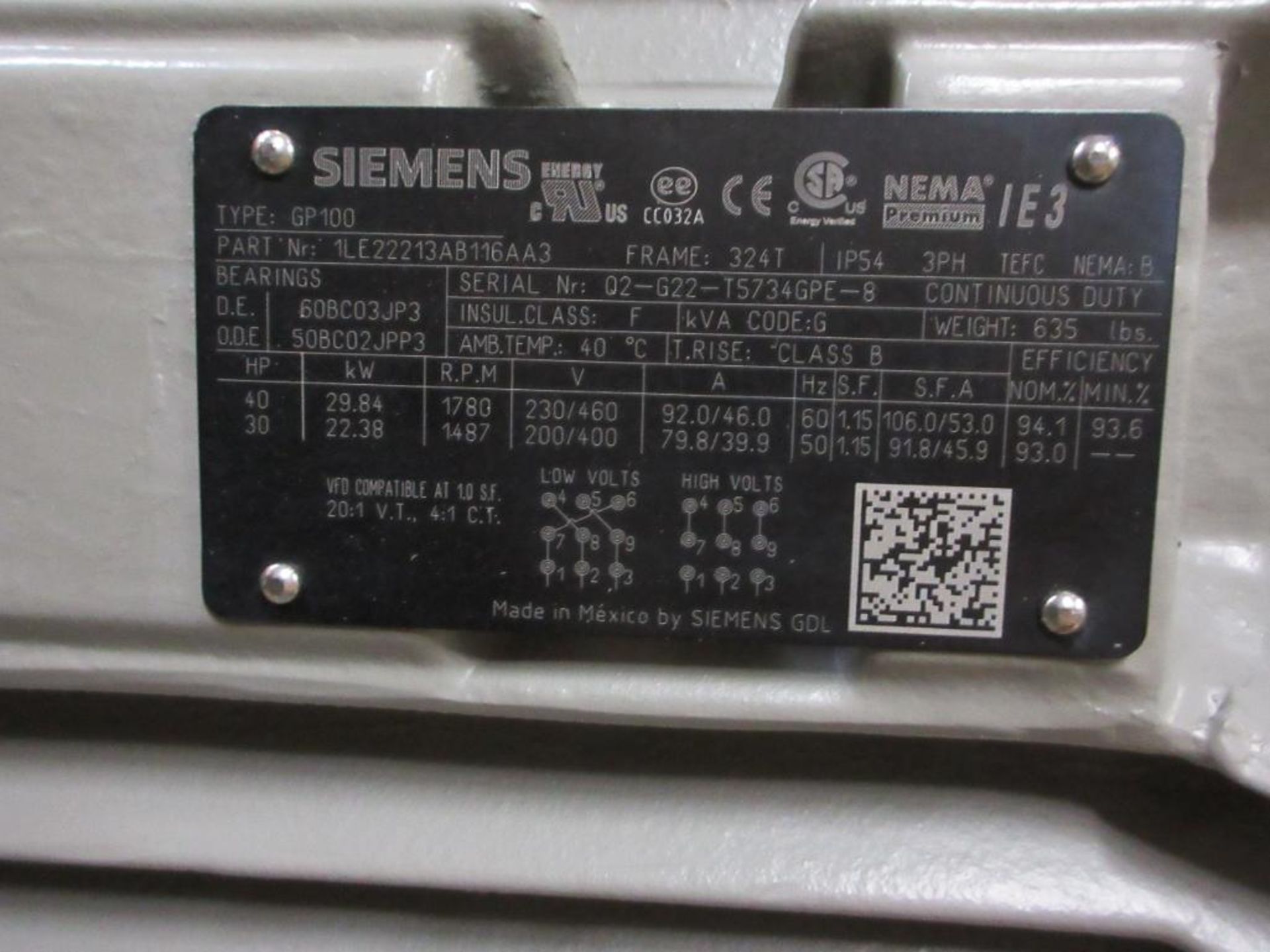 SIEMENS MOTOR 40HP 3 PHASE 1800RPM FRAME 324T P/N 1LE22213AB116AA3 TYPE GP100 (THIS LOT IS FOB CAMAR - Image 8 of 9