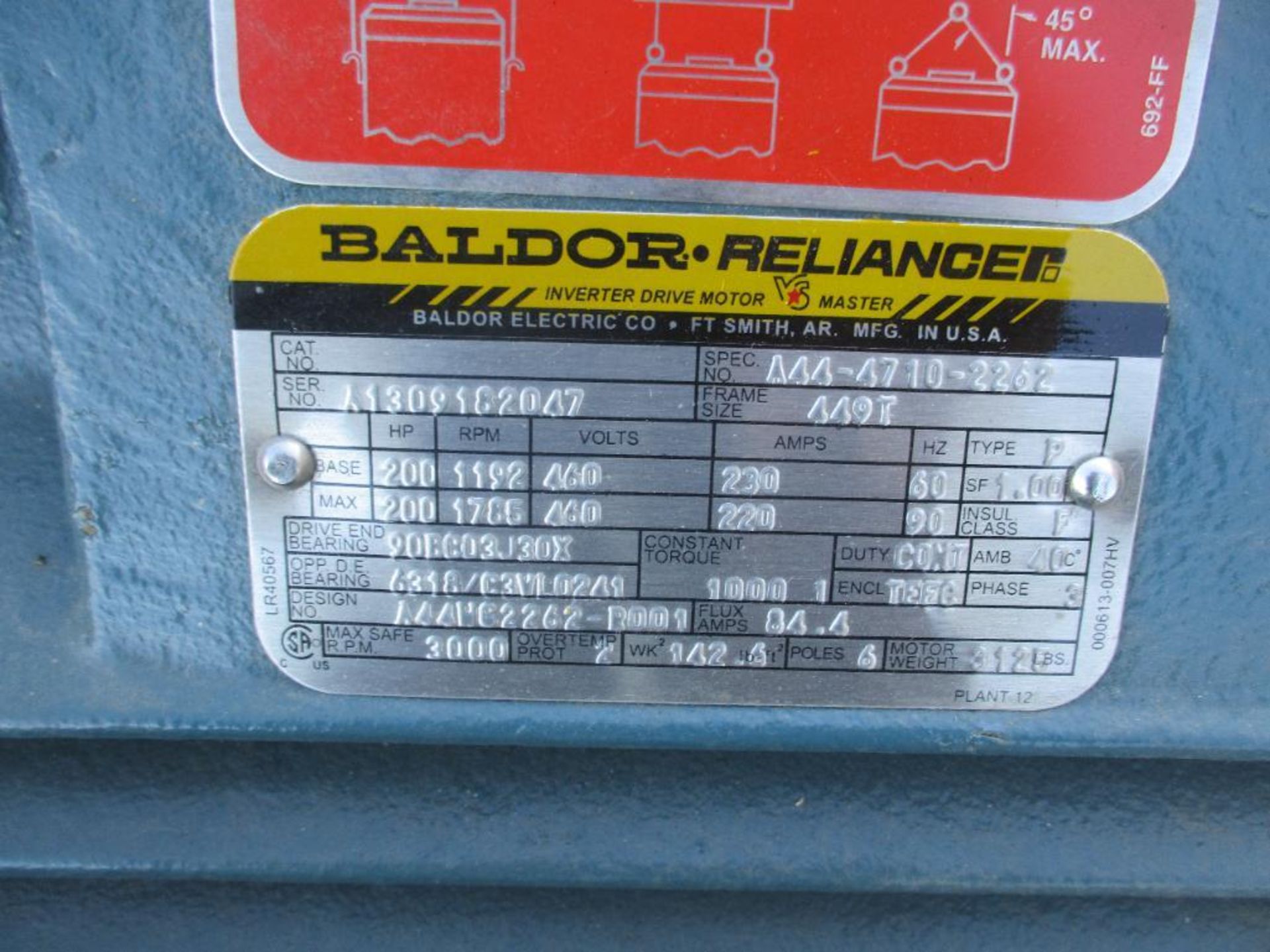 BALDOR 3 PHASE 200HP 1192-1785RPM 449T FRAME A/C MOTOR P/N A44-4710-2262 2916# LBS (THIS LOT IS FOB - Image 2 of 7