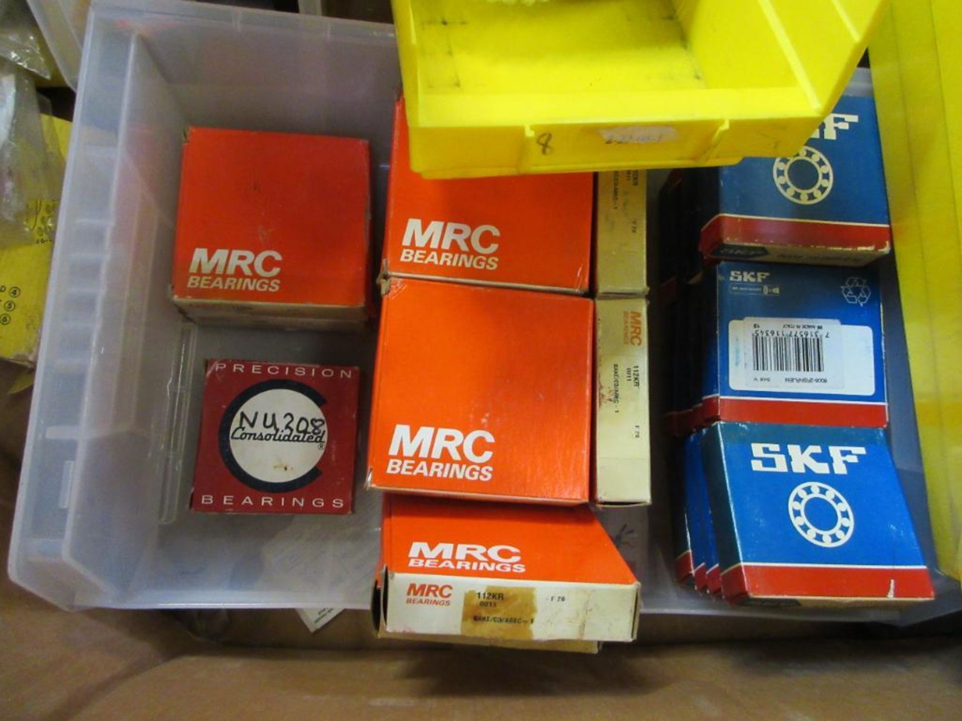 PALLET WITH BINS OF MISCELLANEOUS BEARINGS SEALS ETC INCLUDING SKF TIMKEN MRC DODGE MRC CATERPILLAR - Image 4 of 10