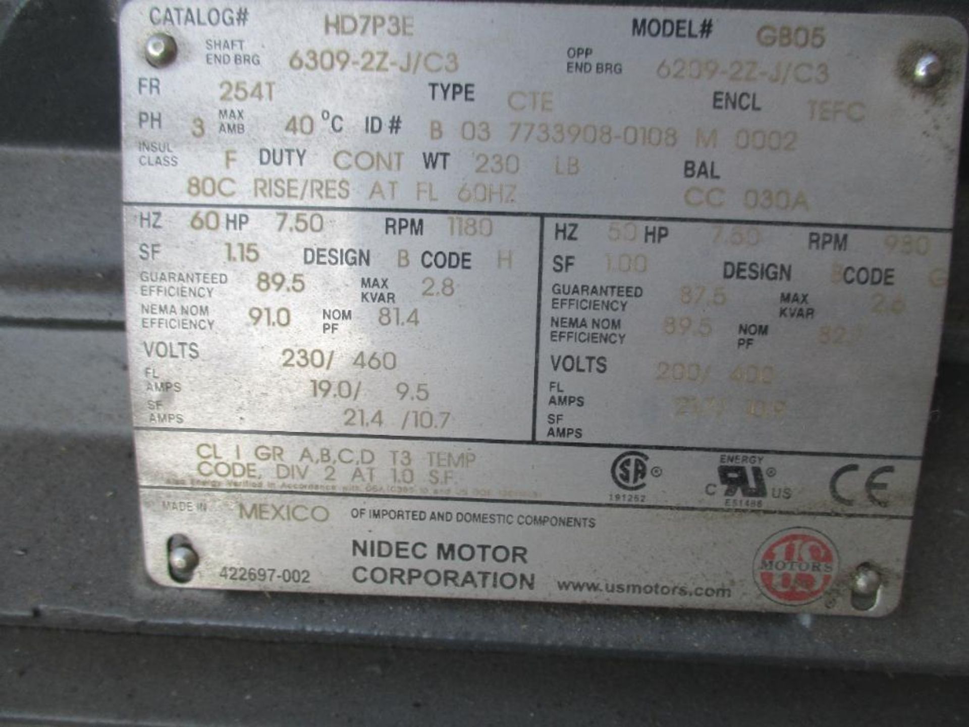 US MOTORS 3 PHASE 50-60HP 980-1180RPM 254T FRAME A/C MOTOR P/N HD7P3E250# LBS (THIS LOT IS FOB KNOXV - Image 2 of 6