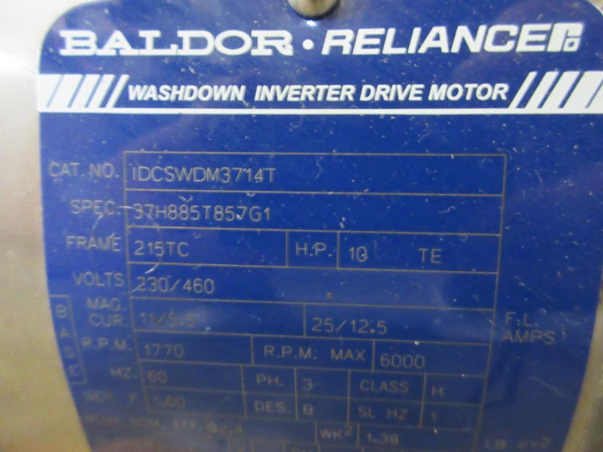 BALDOR-RELIANCE WASHDOWN INVERTER DRIVE MOTOR P/N IDCSWDM3714T 37H8885T857G1 10HP 1770RPM 215TC FRAM - Image 2 of 5